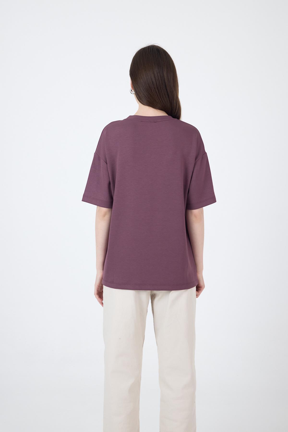 Gül Kurusu Ayıcık Baskılı Bisiklet Yaka Oversize Tişört 5530 - 5