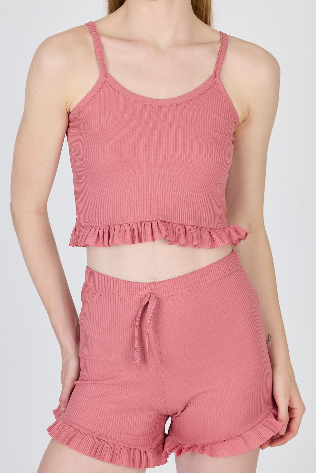 Gül Kurusu İp Askılı Fırfırlı Şortlu Takım 0703 - 4