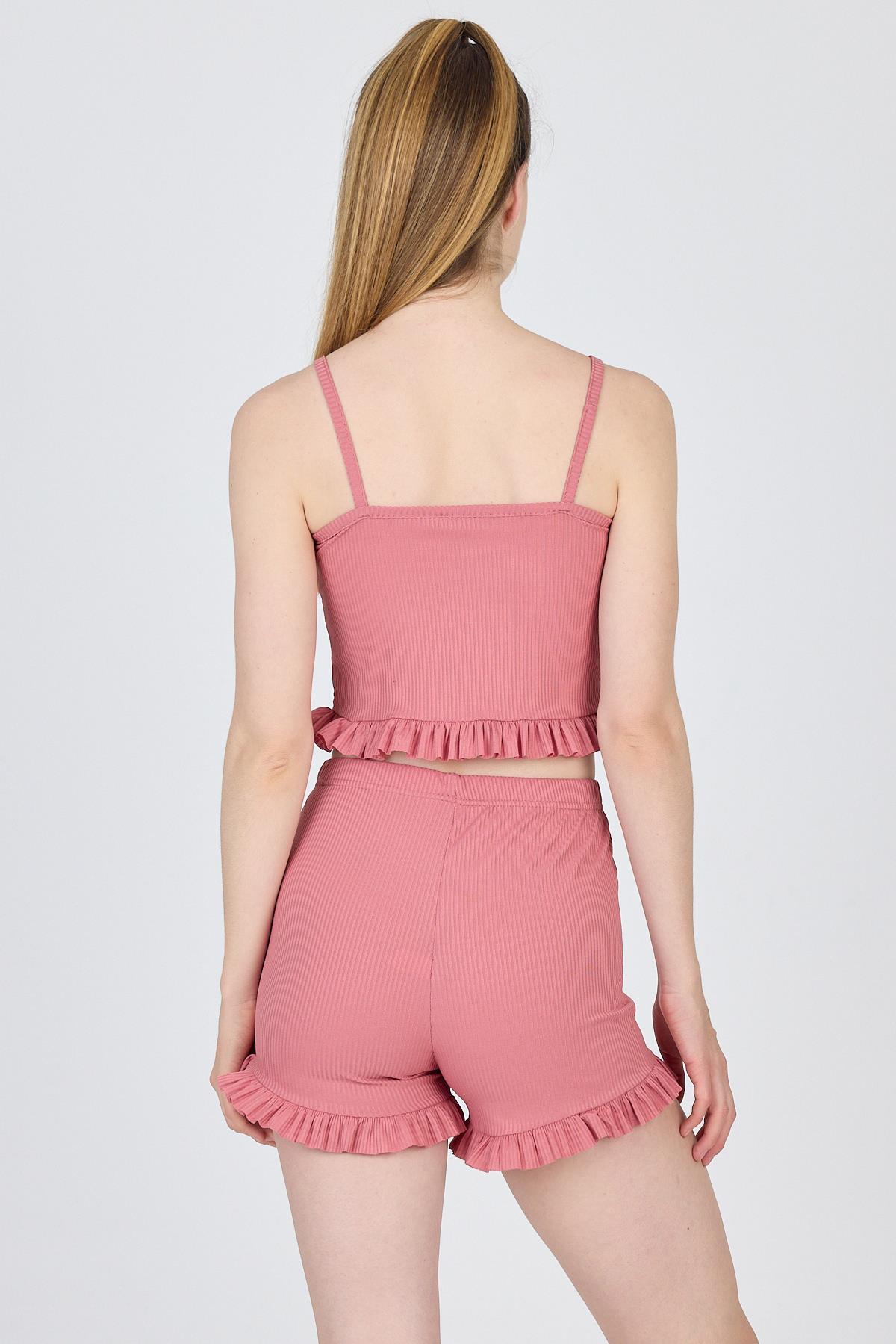 Gül Kurusu İp Askılı Fırfırlı Şortlu Takım 0703 - 5