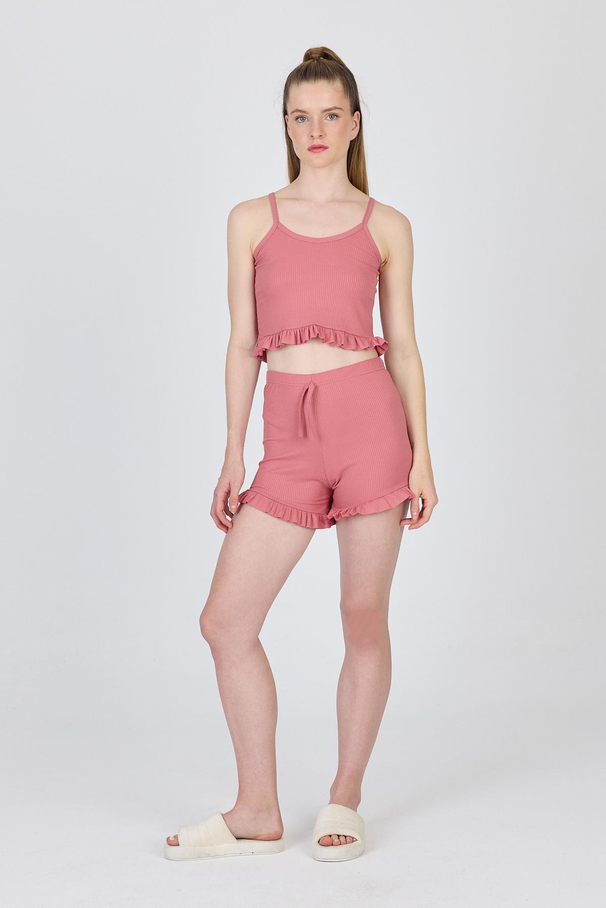 Gül Kurusu İp Askılı Fırfırlı Şortlu Takım 0703 - RAYS