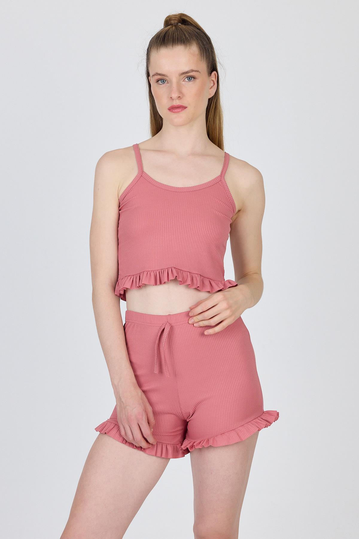 Gül Kurusu İp Askılı Fırfırlı Şortlu Takım 0703 - RAYS