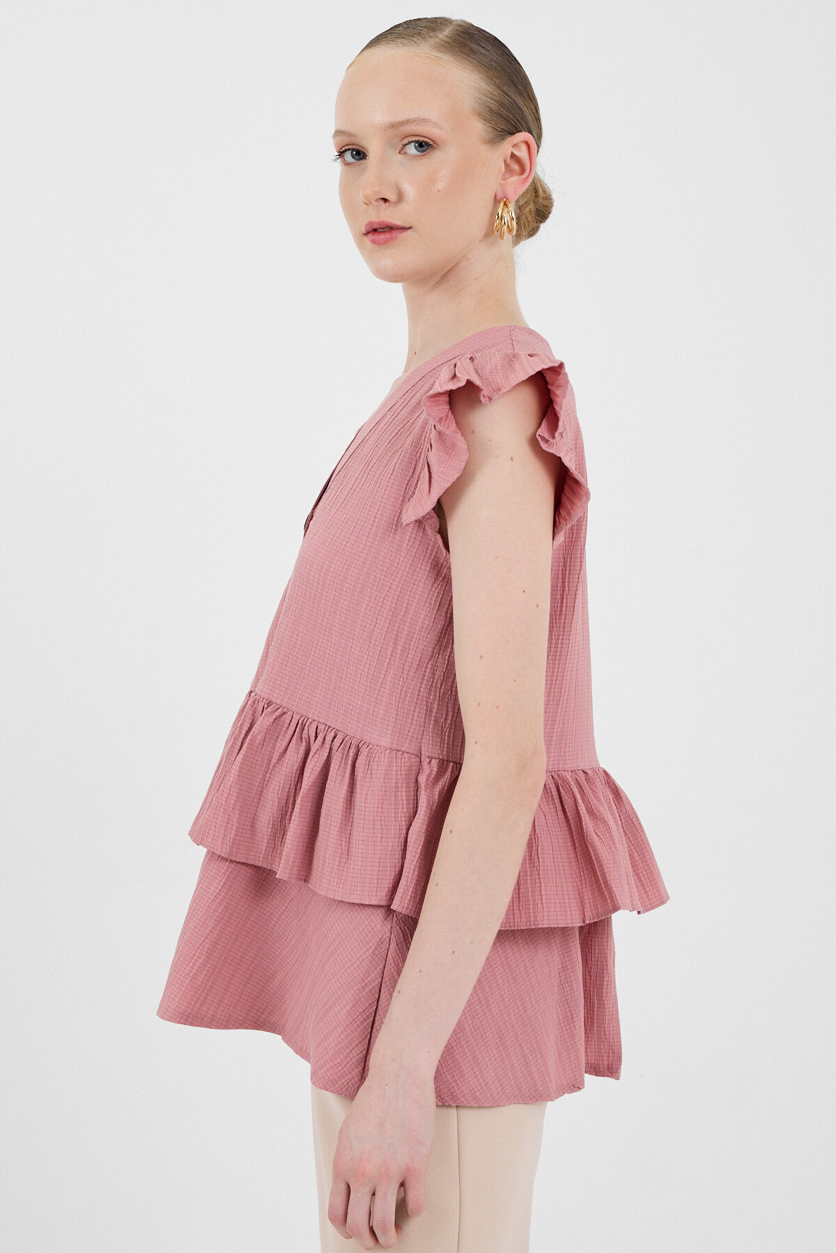 Gül V Yaka Düğmeli Fırfır Kol Bluz 8052A - 2