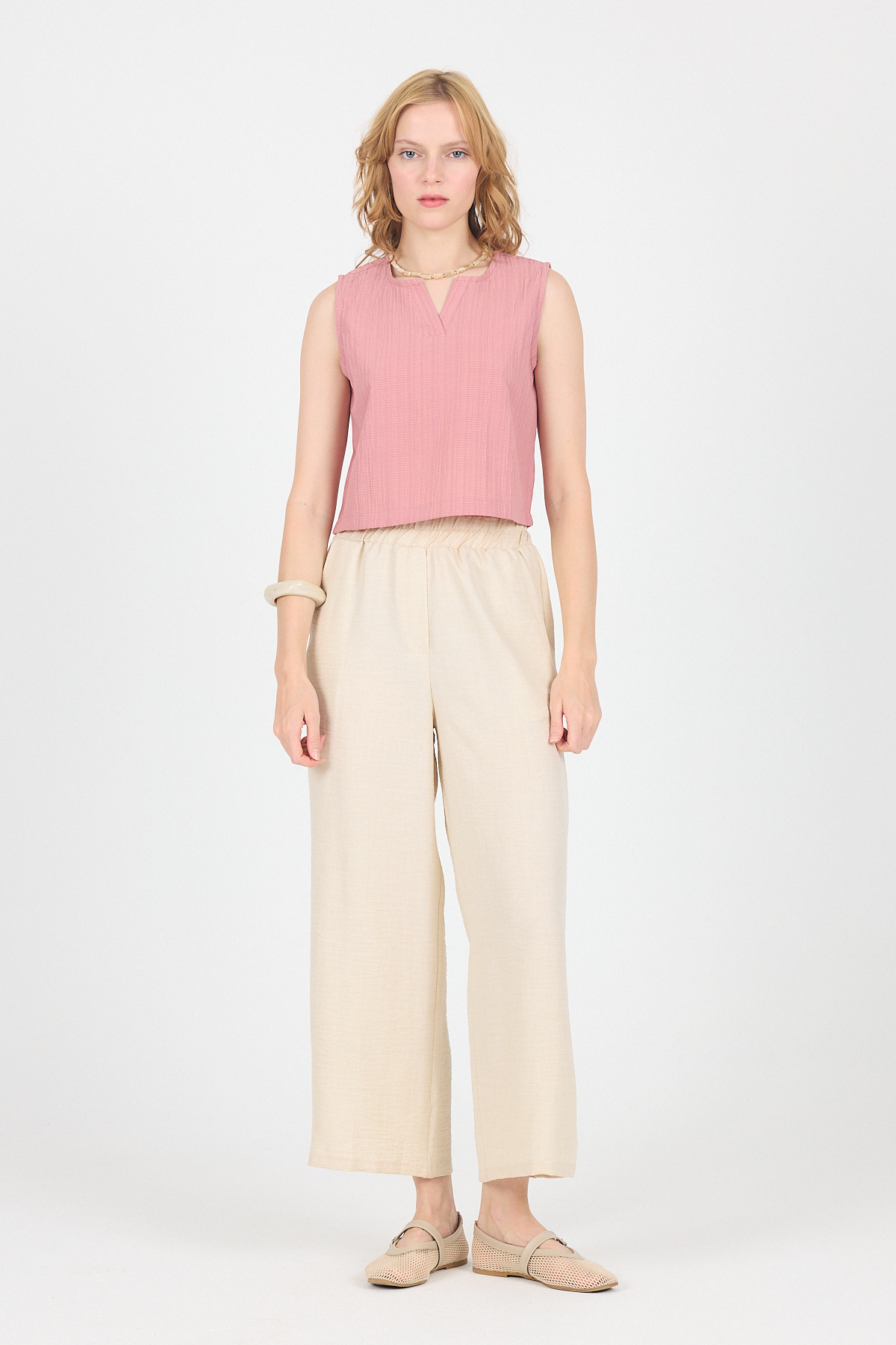 Gül V Yaka Kolsuz Crop Bluz 8027 - 3