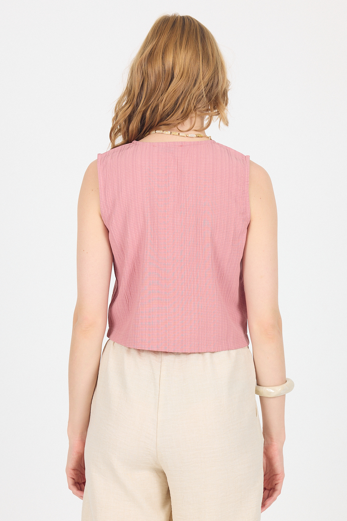 Gül V Yaka Kolsuz Crop Bluz 8027 - 5