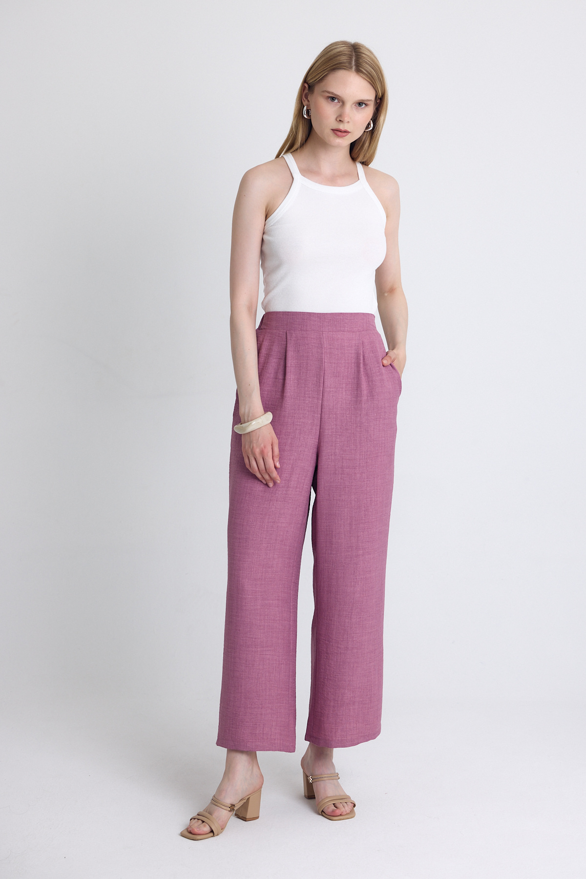 Gül Yüksek Bel Ön Pile Detaylı Pamuklu Bol Paça Pantolon 8014A - 1