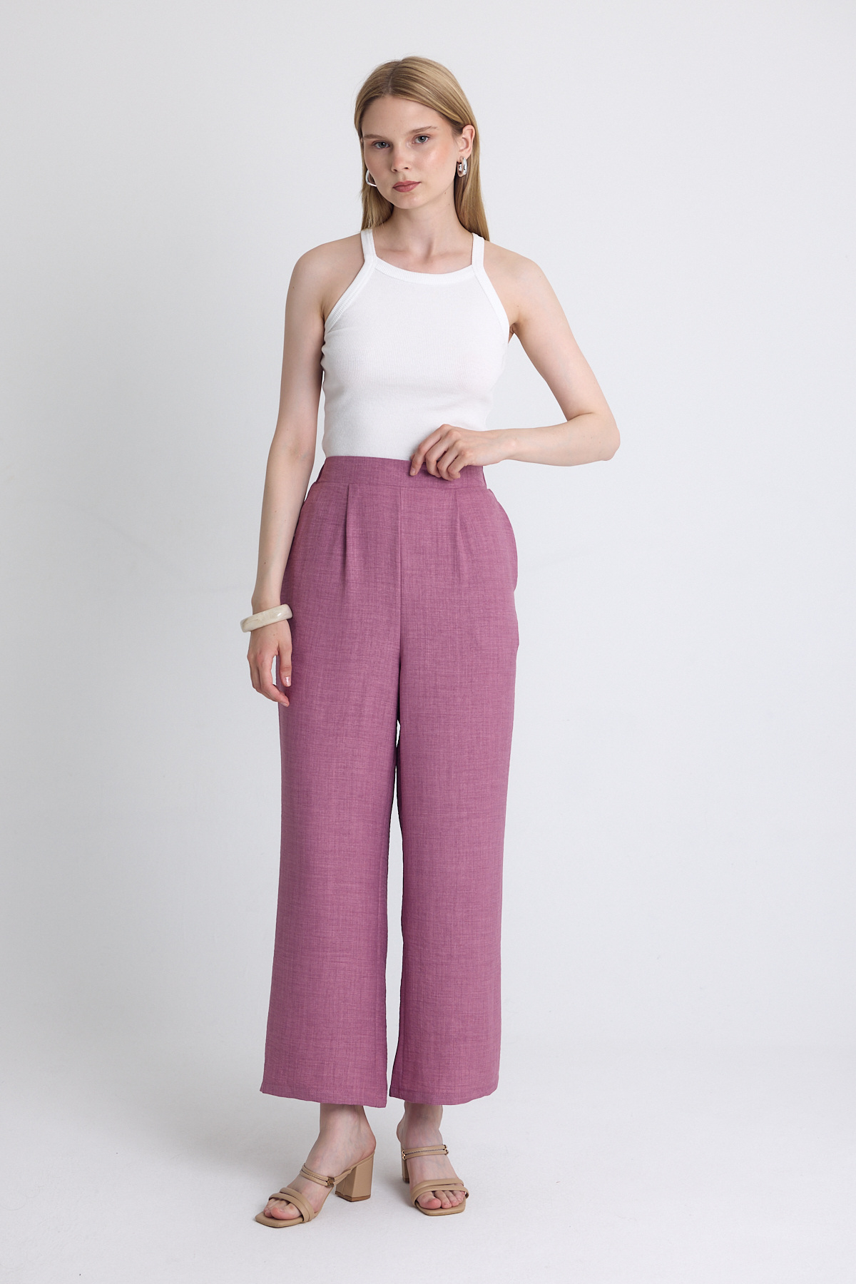 Gül Yüksek Bel Ön Pile Detaylı Pamuklu Bol Paça Pantolon 8014A - RAYS