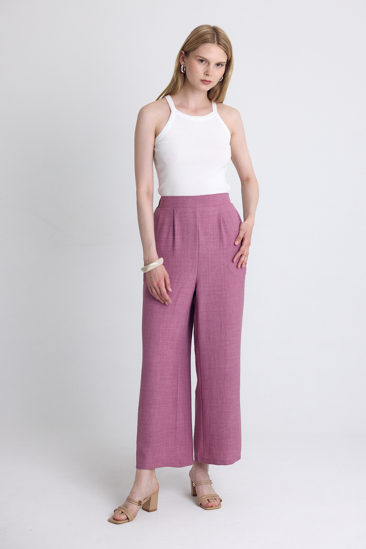 Gül Yüksek Bel Ön Pile Detaylı Pamuklu Bol Paça Pantolon 8014A - RAYS