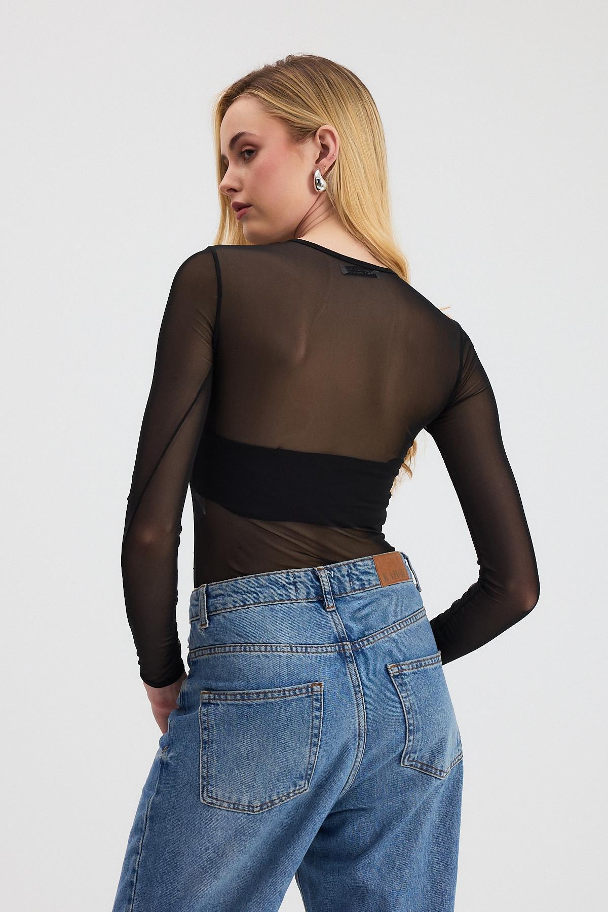 Gümüş-2116 Taş Detay Transparan Çıtçıtlı Zıbın Bluz - 5