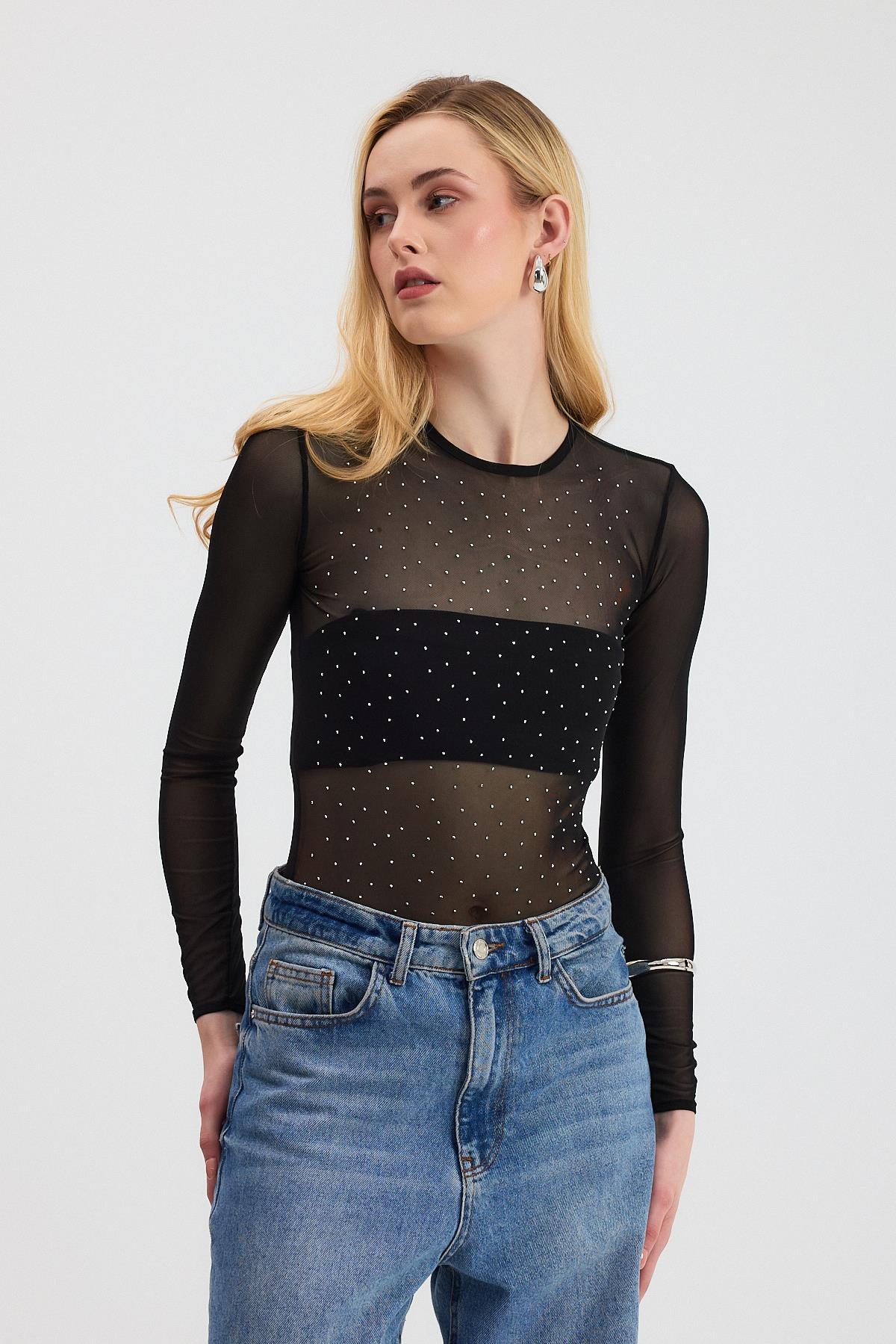 Gümüş-2116 Taş Detay Transparan Çıtçıtlı Zıbın Bluz - 2