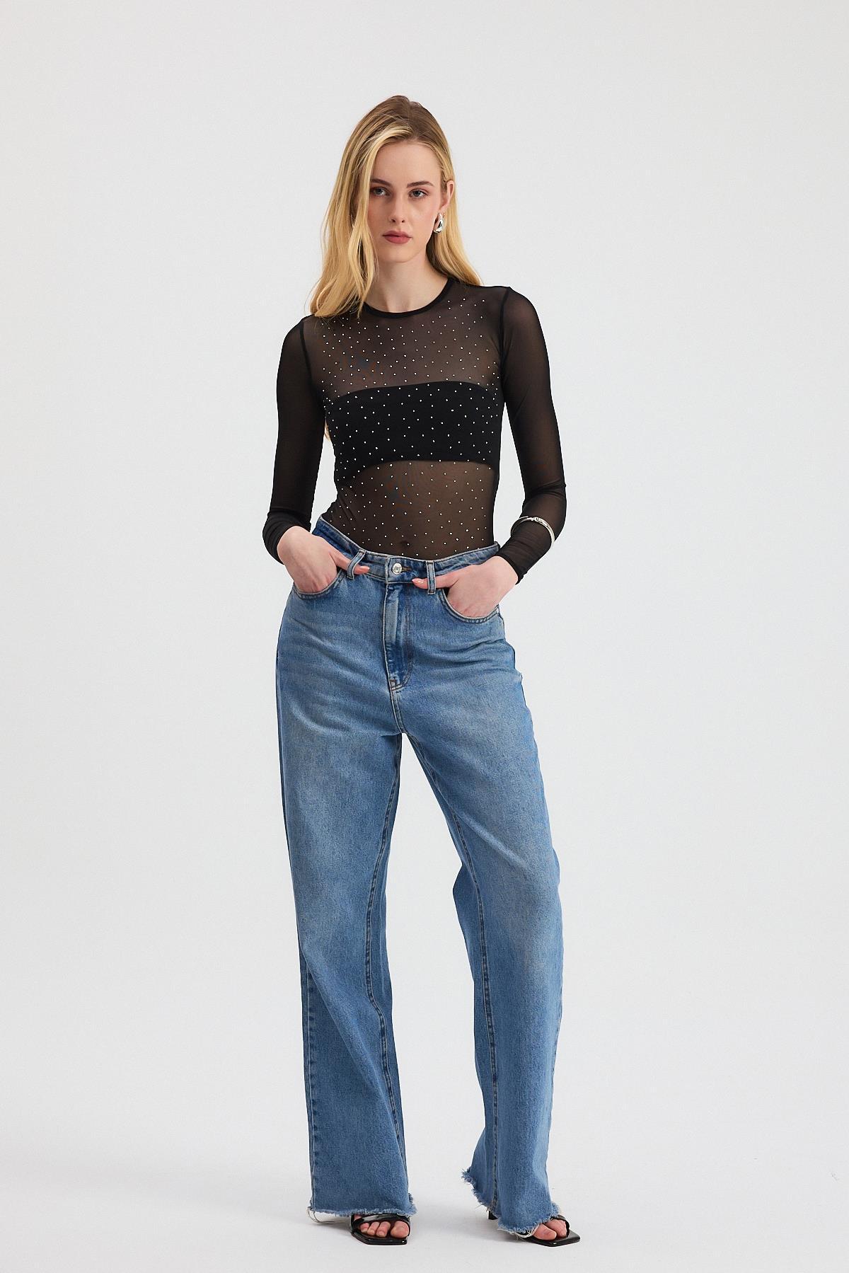 Gümüş-2116 Taş Detay Transparan Çıtçıtlı Zıbın Bluz - 3