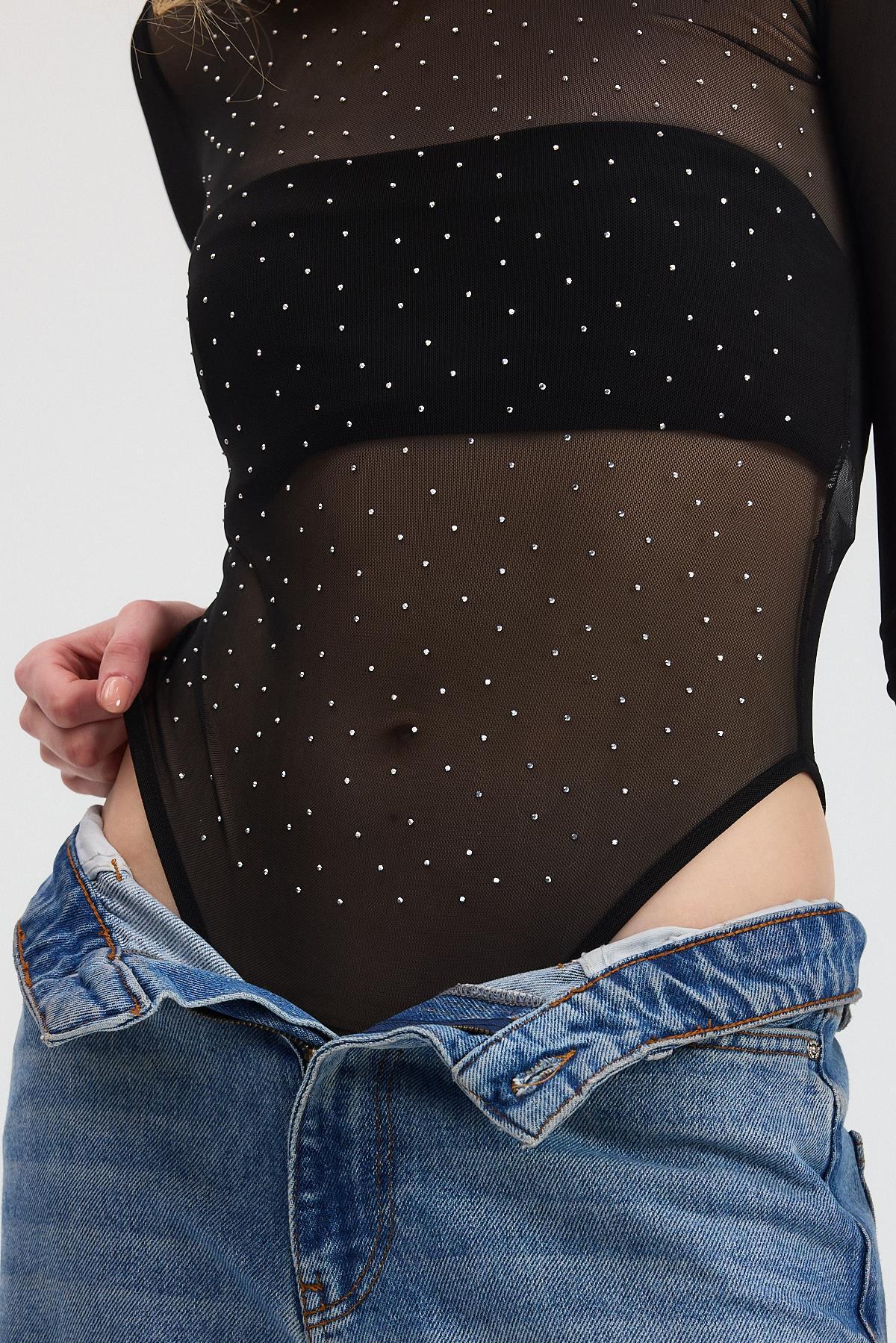 Gümüş-2116 Taş Detay Transparan Çıtçıtlı Zıbın Bluz - 6