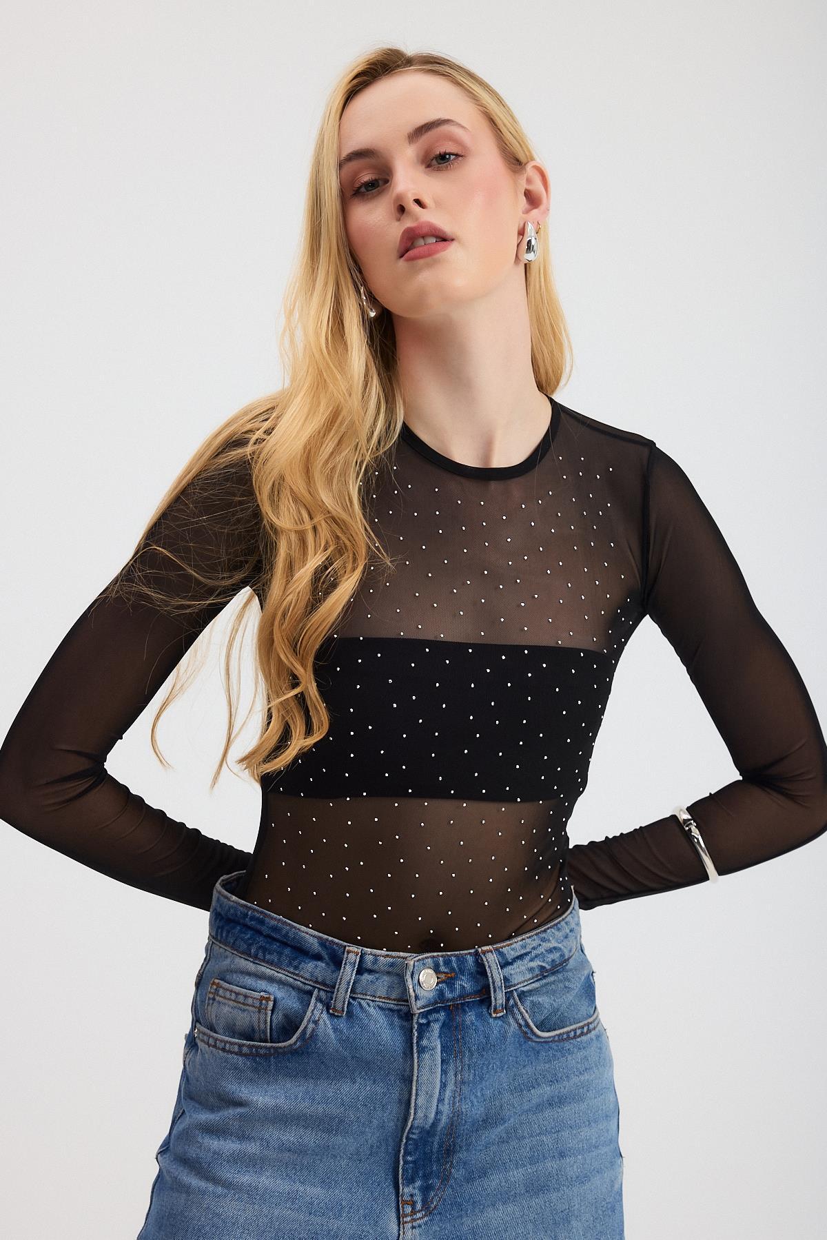 Gümüş-2116 Taş Detay Transparan Çıtçıtlı Zıbın Bluz - 7