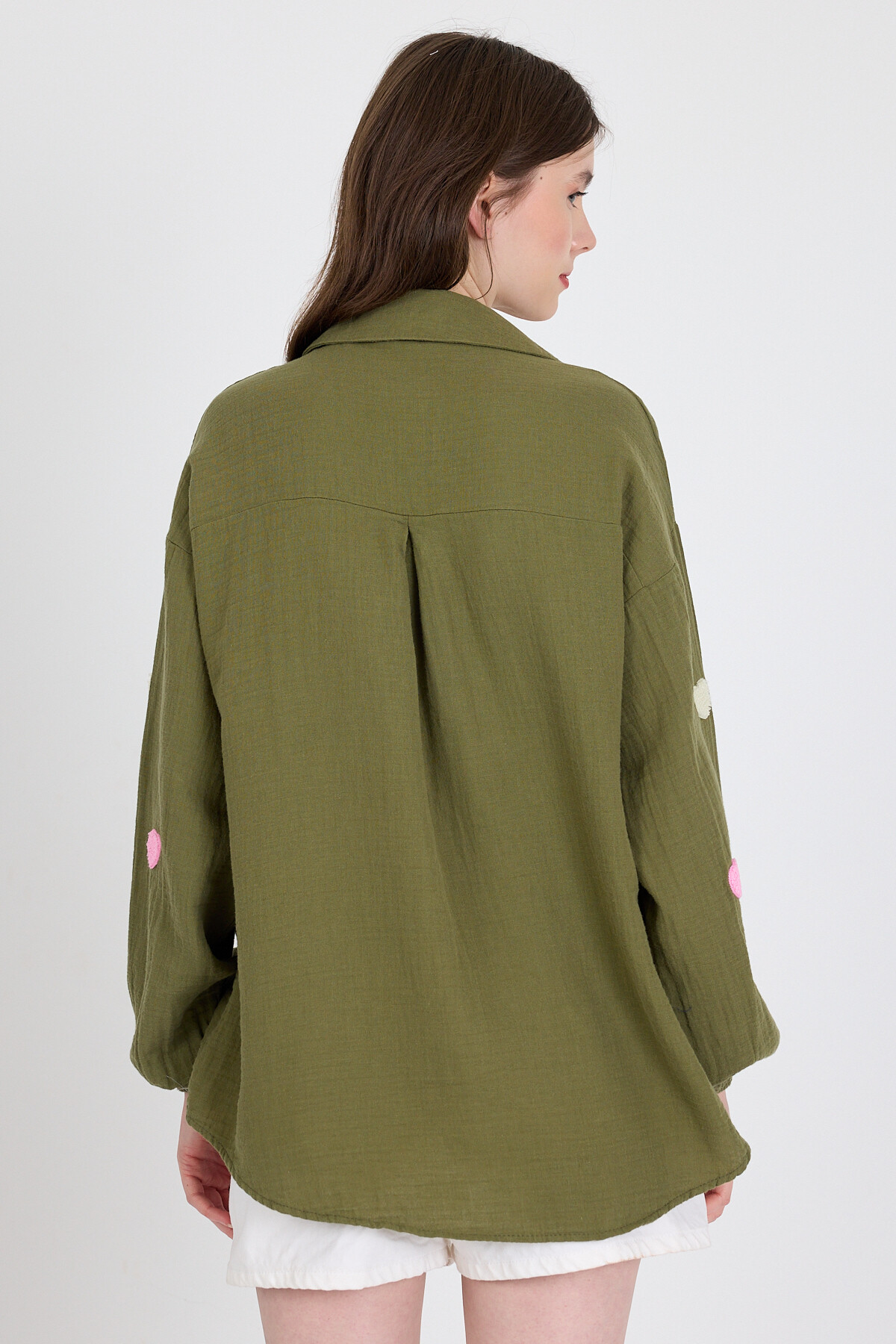 Haki %100 Pamuk Kalp Nakışlı Gömlek 4797A - 5