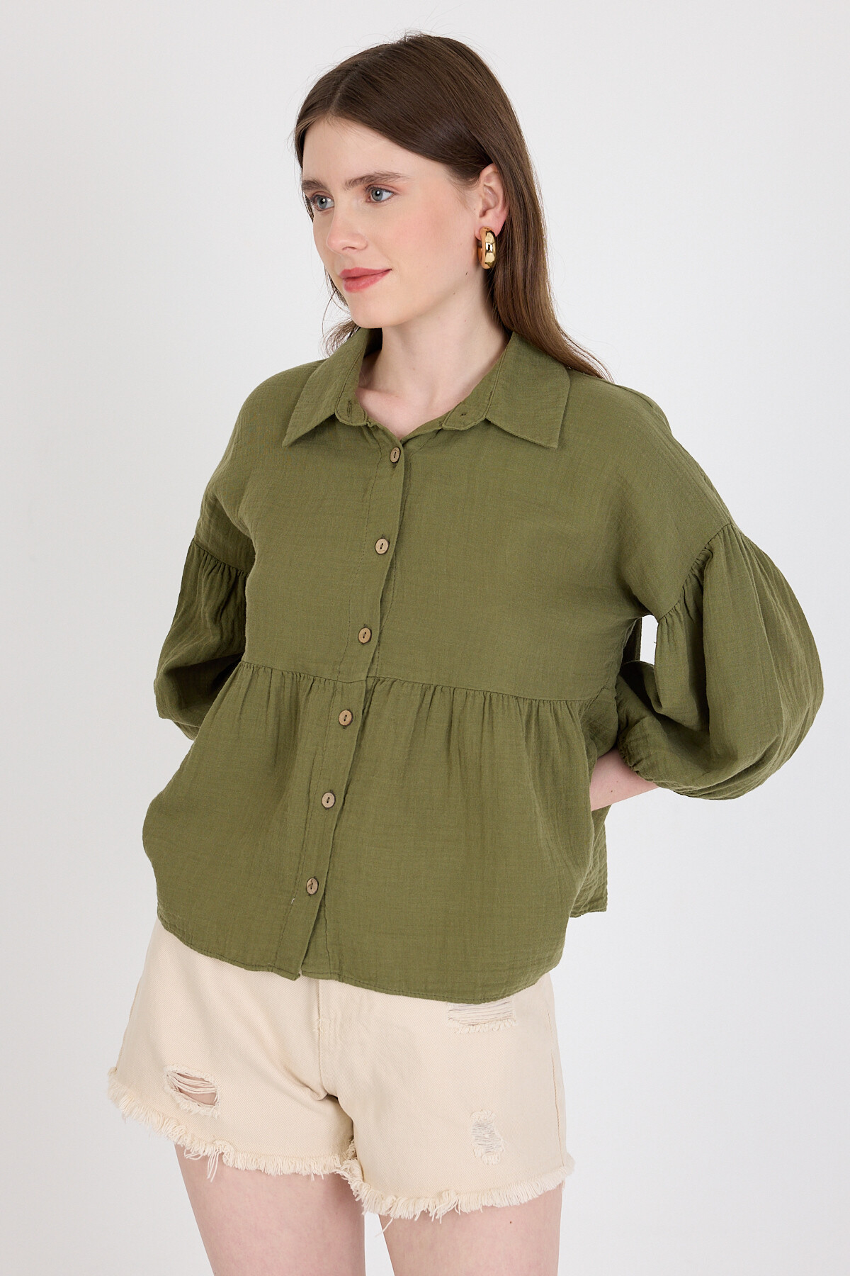 Haki %100 Pamuk Keten Görünümlü Düğmeli Gömlek 4783A - 2