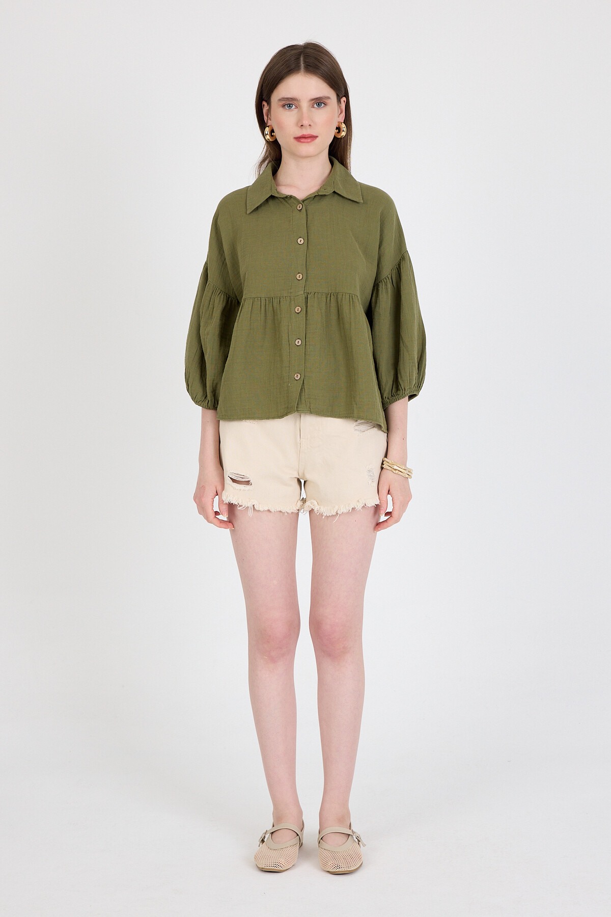 Haki %100 Pamuk Keten Görünümlü Düğmeli Gömlek 4783A - 3