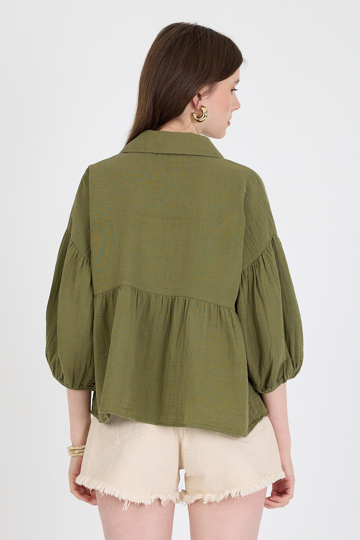 Haki %100 Pamuk Keten Görünümlü Düğmeli Gömlek 4783A - 5