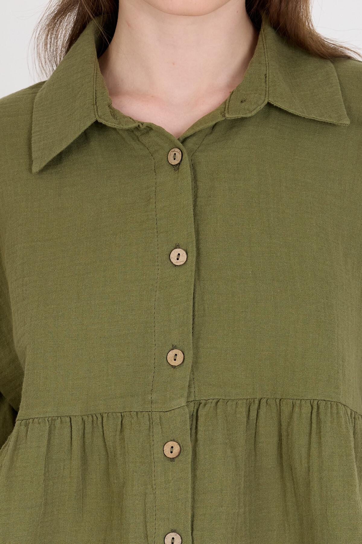 Haki %100 Pamuk Keten Görünümlü Düğmeli Gömlek 4783A - 4