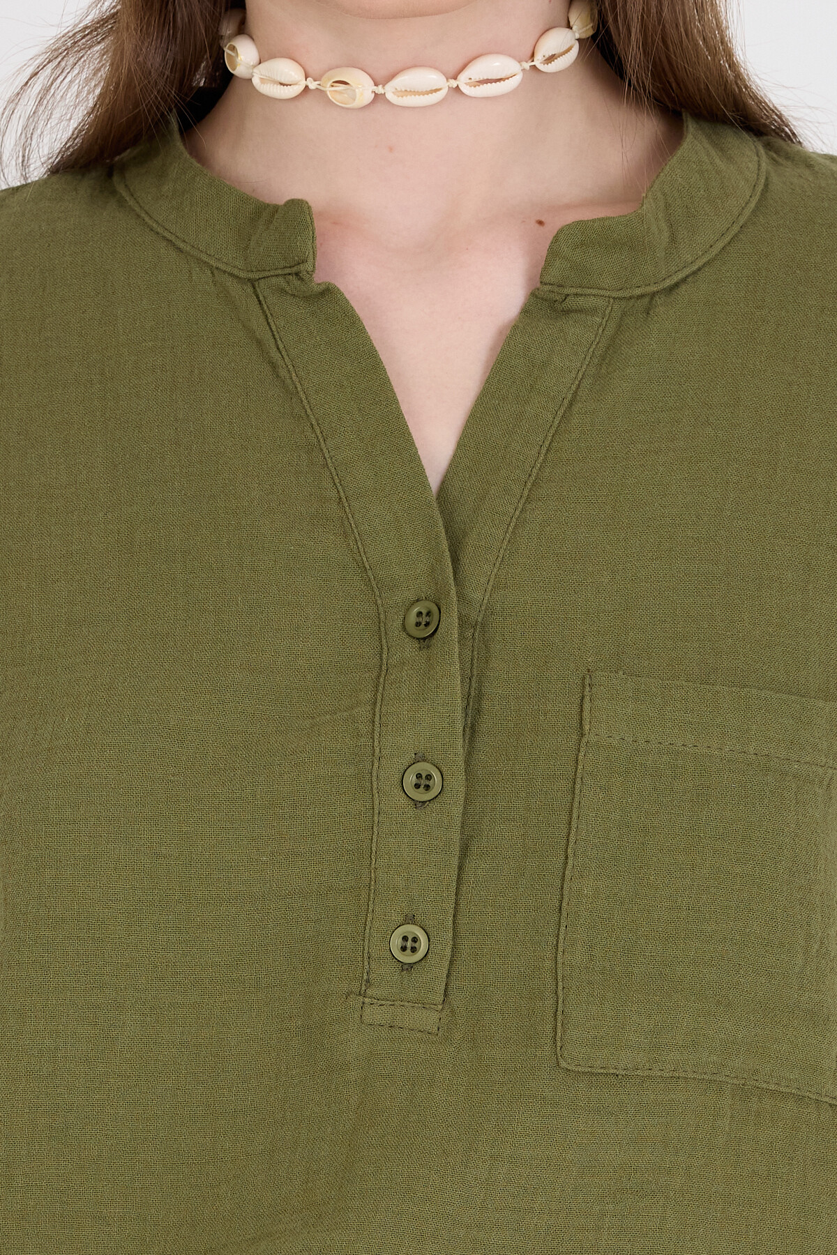 Haki %100 Pamuk Keten Görünümlü Hakim Yaka Crop Gömlek 4702A - 4