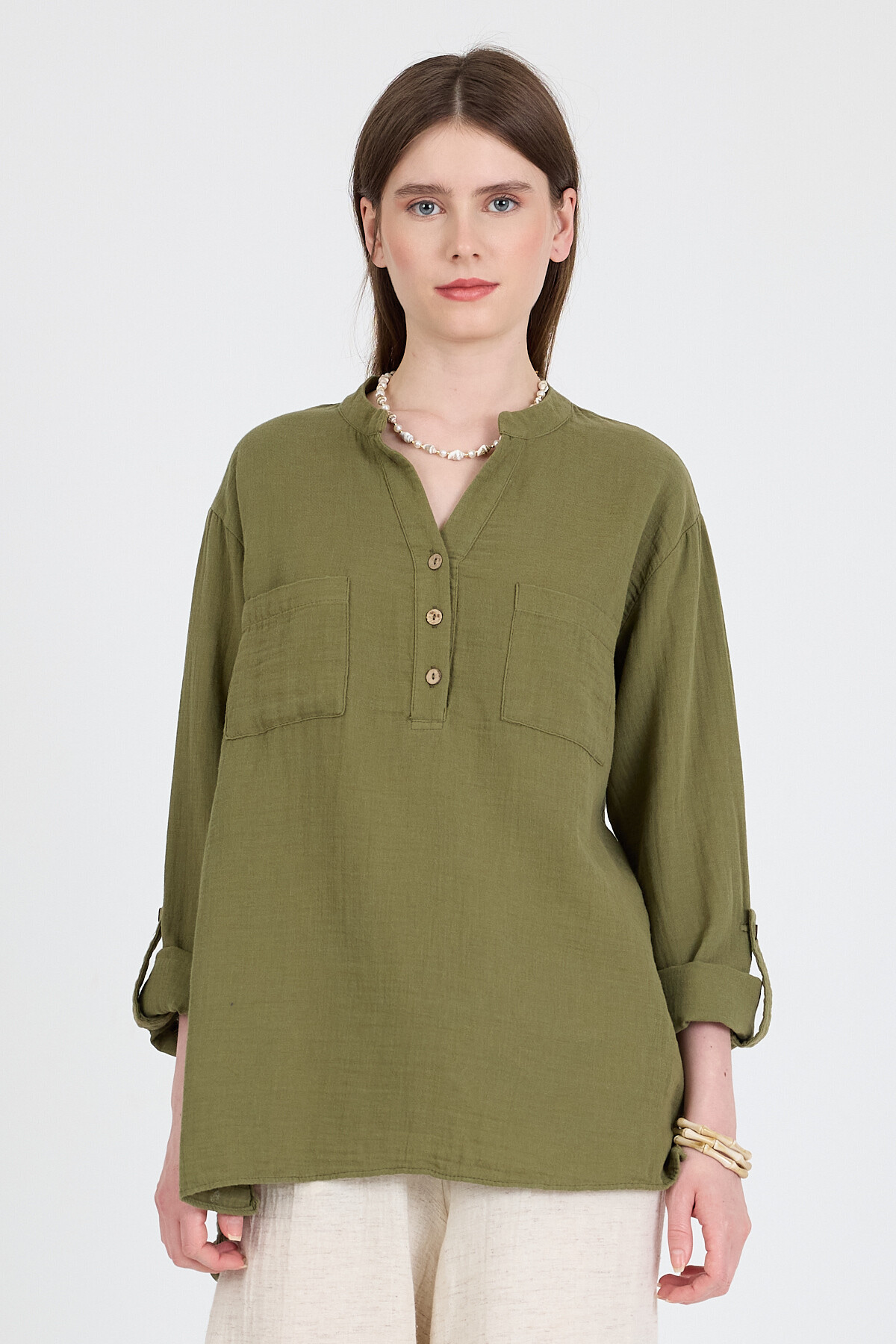 Haki %100 Pamuk Keten Görünümlü Hakim Yaka Tunik Gömlek 4698A - 3