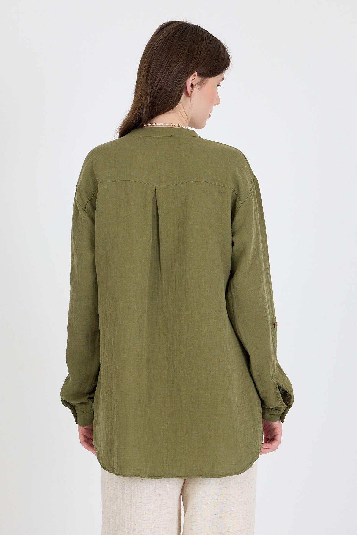 Haki %100 Pamuk Keten Görünümlü Hakim Yaka Tunik Gömlek 4698A - 5