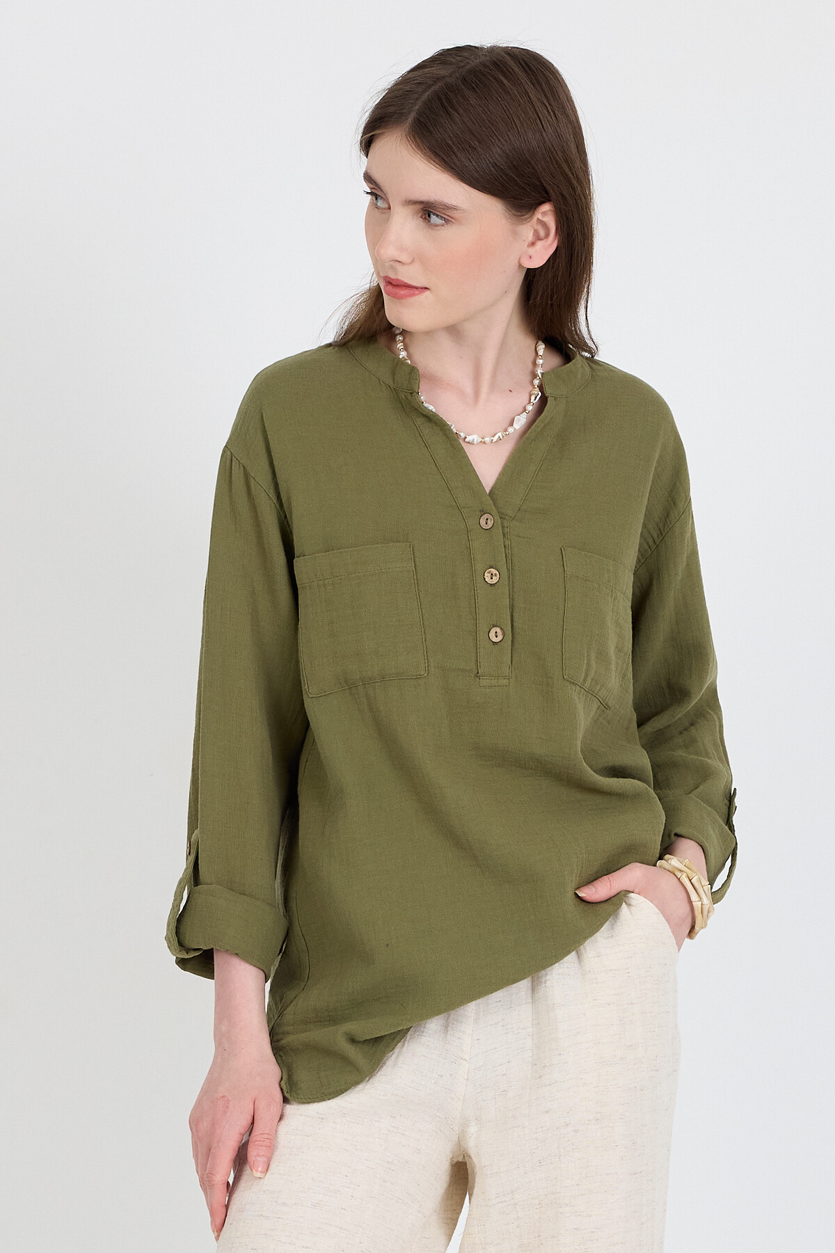 Haki %100 Pamuk Keten Görünümlü Hakim Yaka Tunik Gömlek 4698A - 6