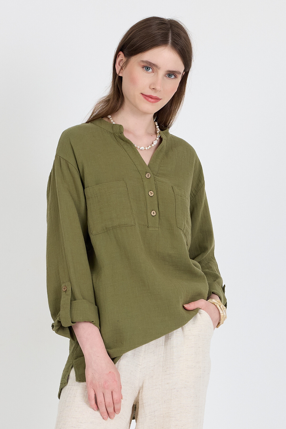 Haki %100 Pamuk Keten Görünümlü Hakim Yaka Tunik Gömlek 4698A - 1