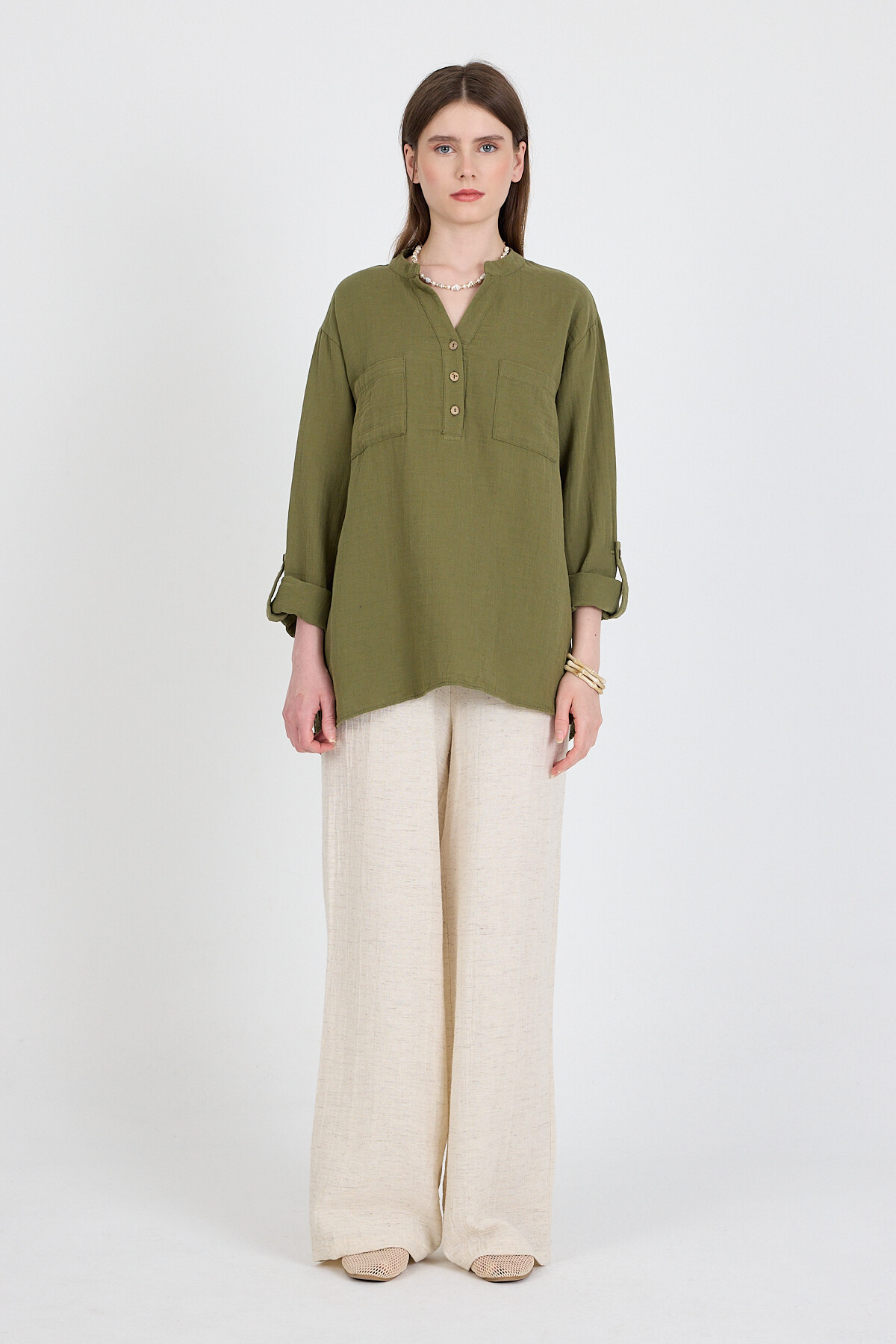 Haki %100 Pamuk Keten Görünümlü Hakim Yaka Tunik Gömlek 4698A - 2