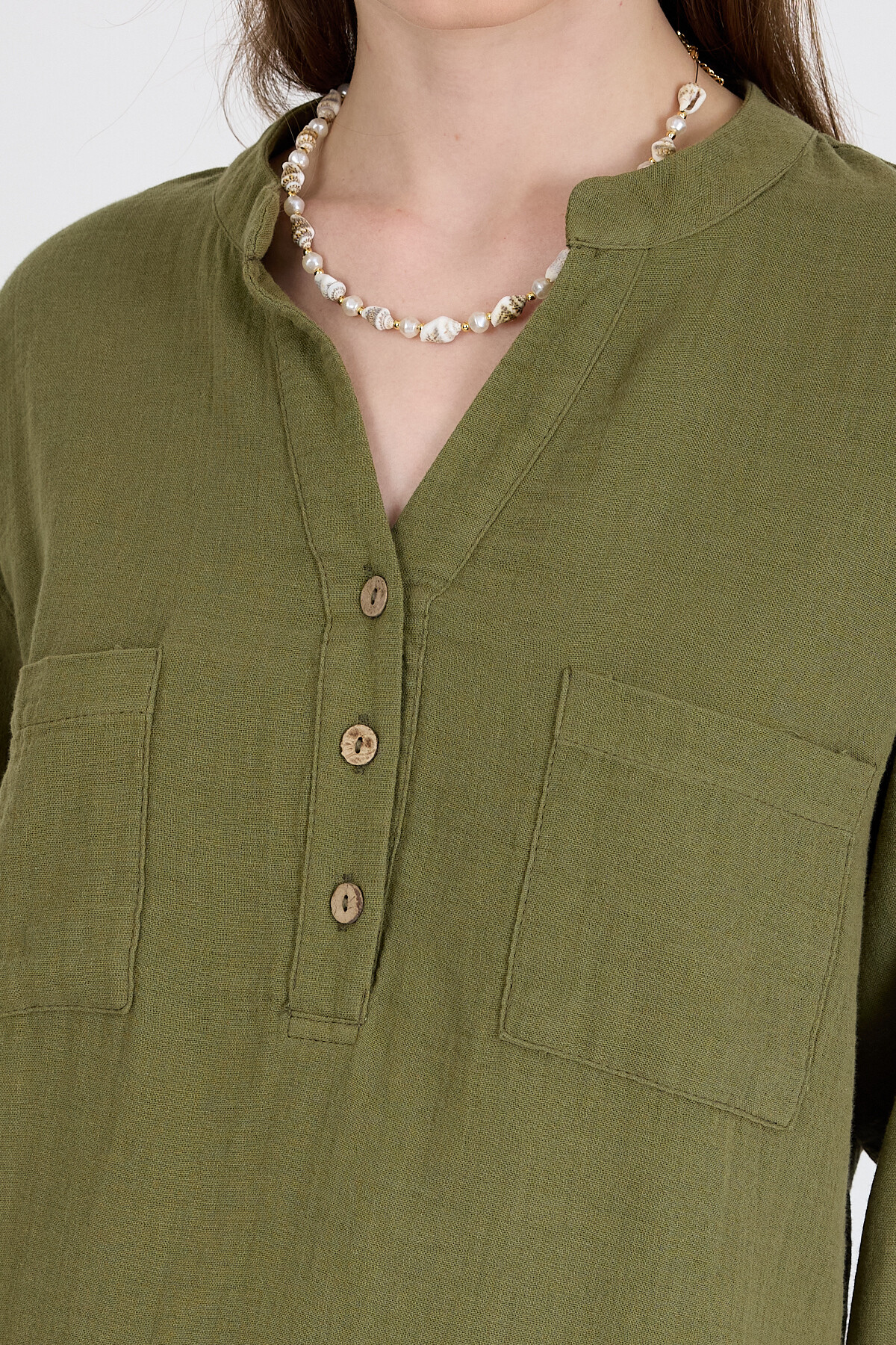 Haki %100 Pamuk Keten Görünümlü Hakim Yaka Tunik Gömlek 4698A - 4