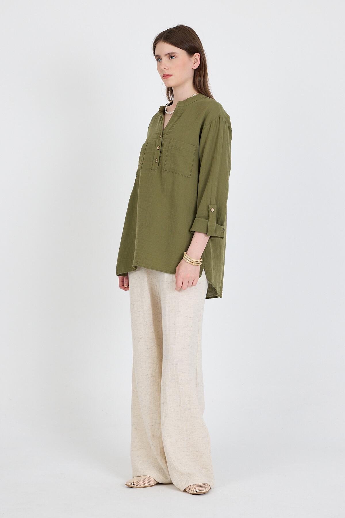 Haki %100 Pamuk Keten Görünümlü Hakim Yaka Tunik Gömlek 4698A - 7