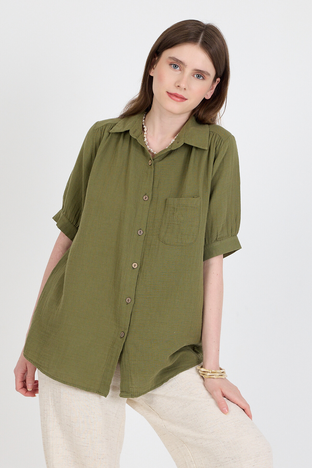 Haki %100 Pamuk Kısa Kollu Cepli Gömlek 4787A - RAYS