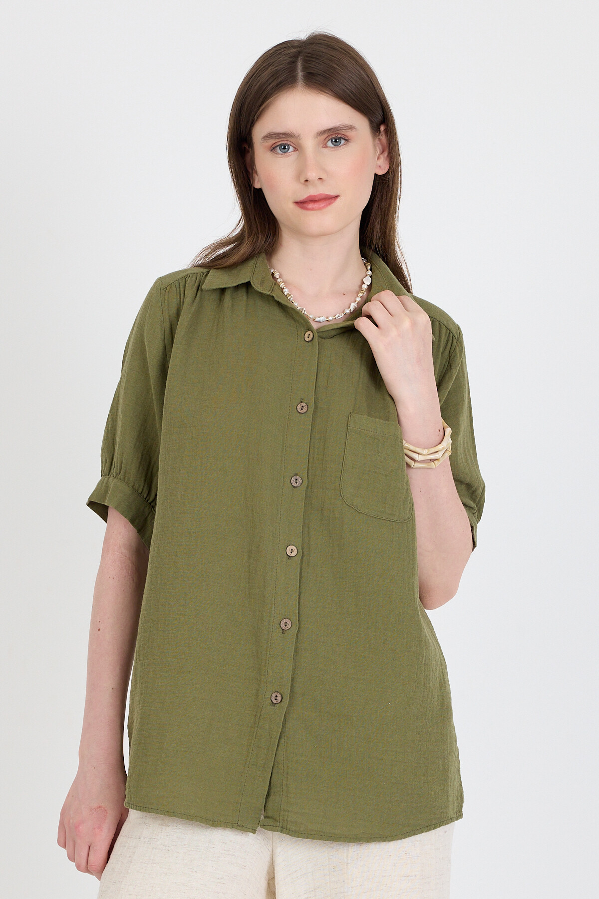 Haki %100 Pamuk Kısa Kollu Cepli Gömlek 4787A - 6