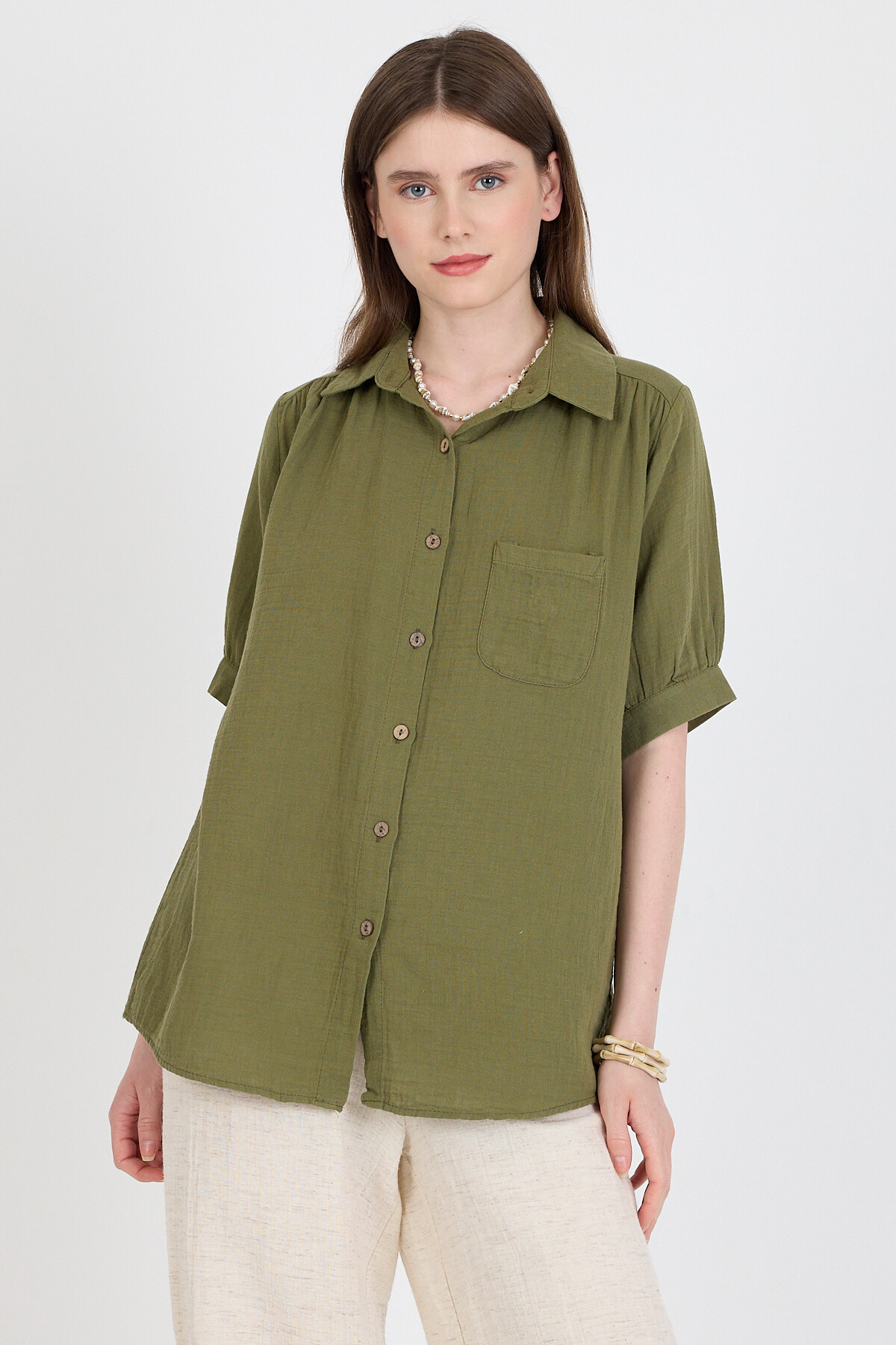 Haki %100 Pamuk Kısa Kollu Cepli Gömlek 4787A 
