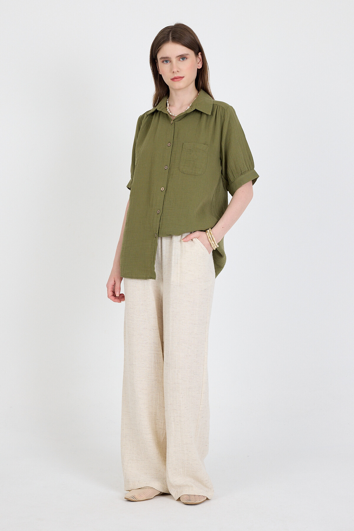 Haki %100 Pamuk Kısa Kollu Cepli Gömlek 4787A - 3