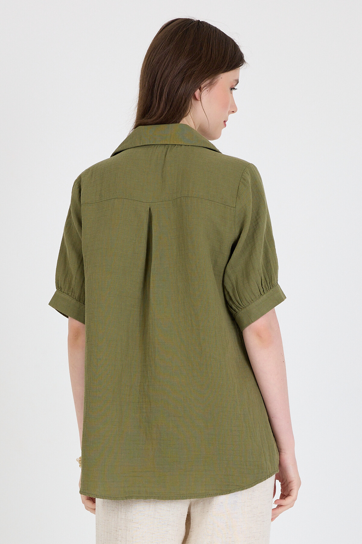 Haki %100 Pamuk Kısa Kollu Cepli Gömlek 4787A - 5
