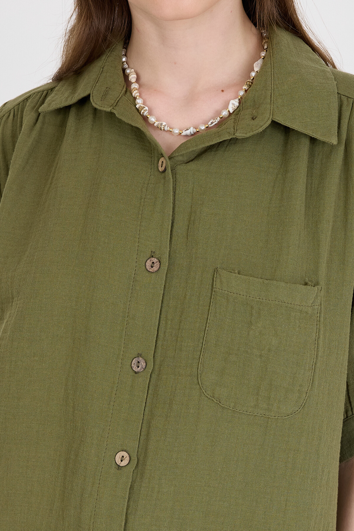 Haki %100 Pamuk Kısa Kollu Cepli Gömlek 4787A - 4