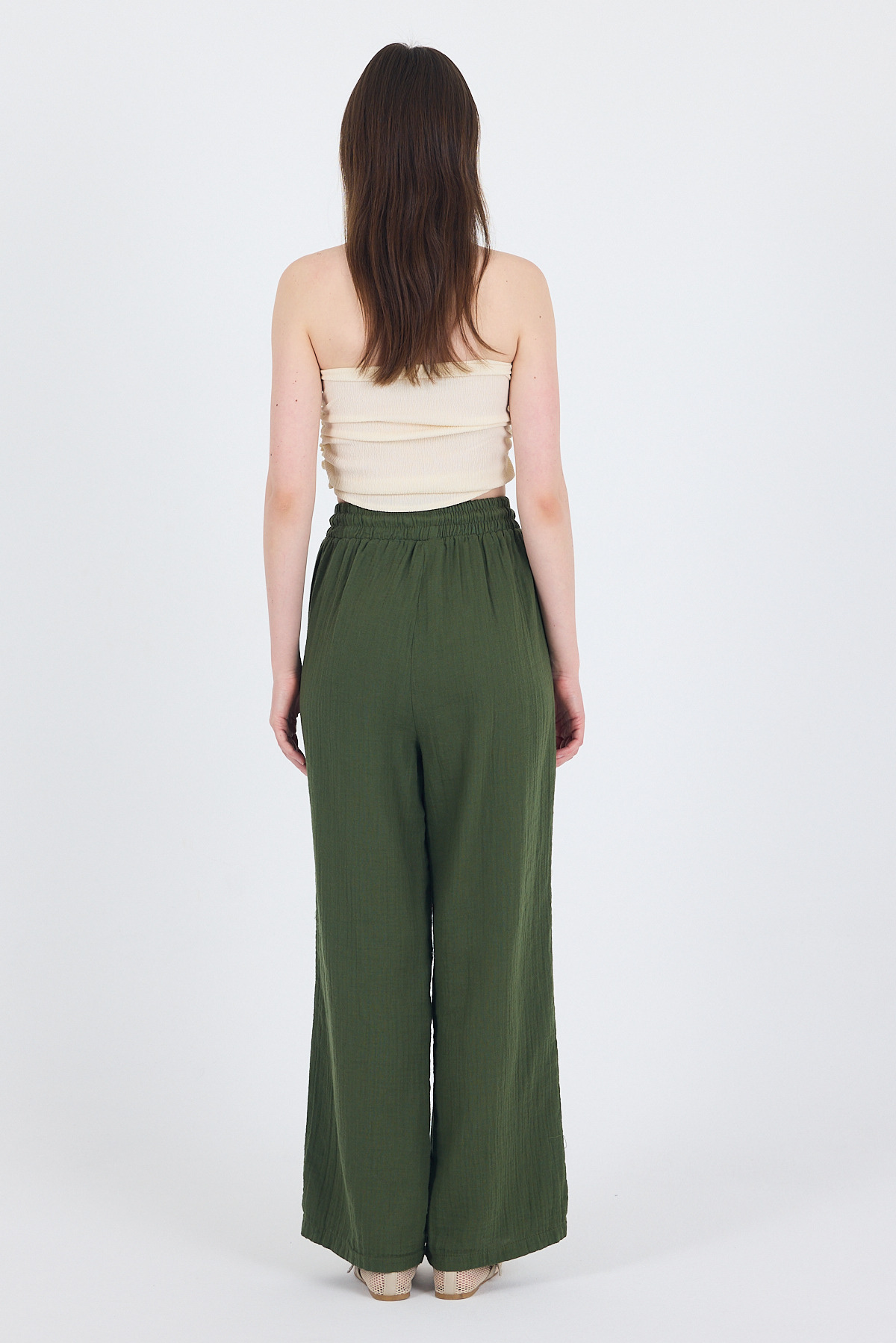 Haki %100 Pamuk Müslin Palazzo/Bol Paça Pantolon 8056A - 5