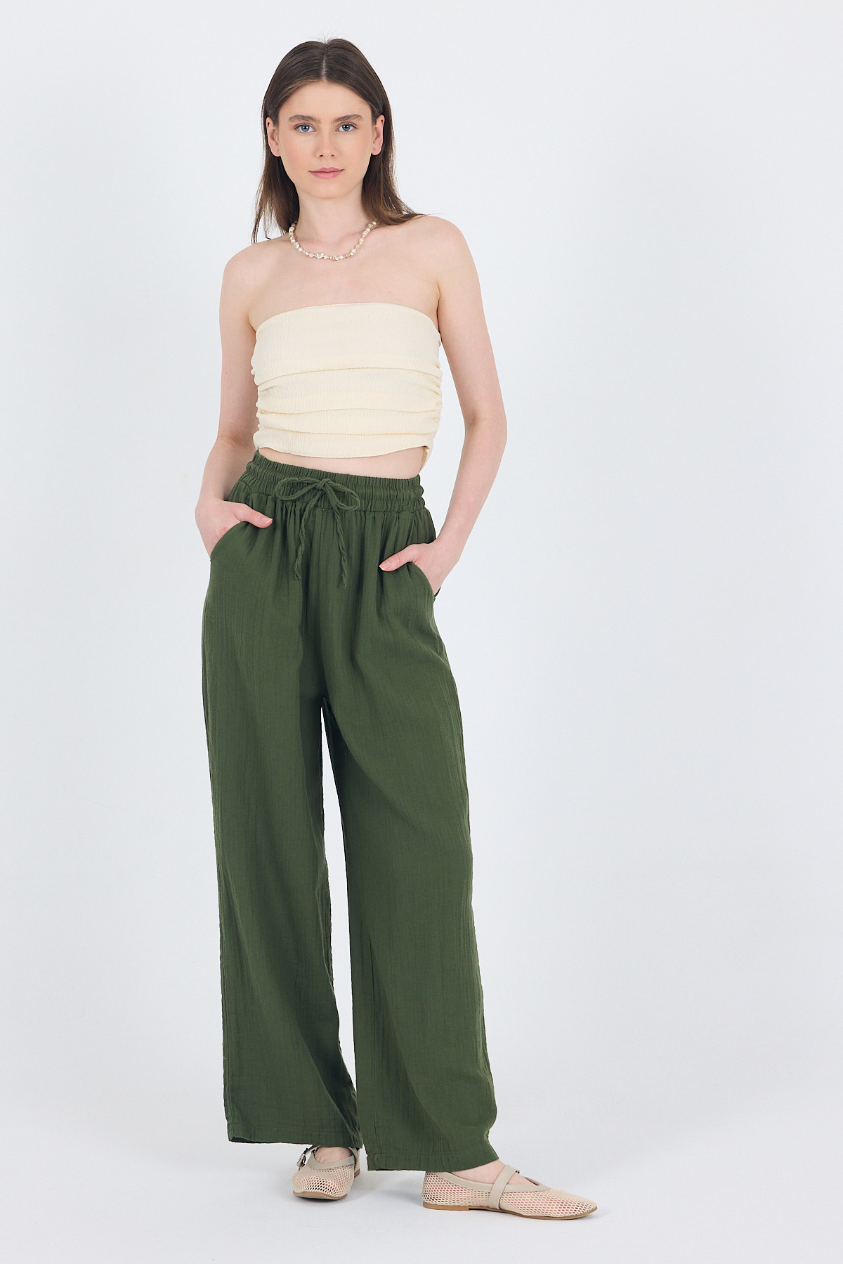 Haki %100 Pamuk Müslin Palazzo/Bol Paça Pantolon 8056A - RAYS