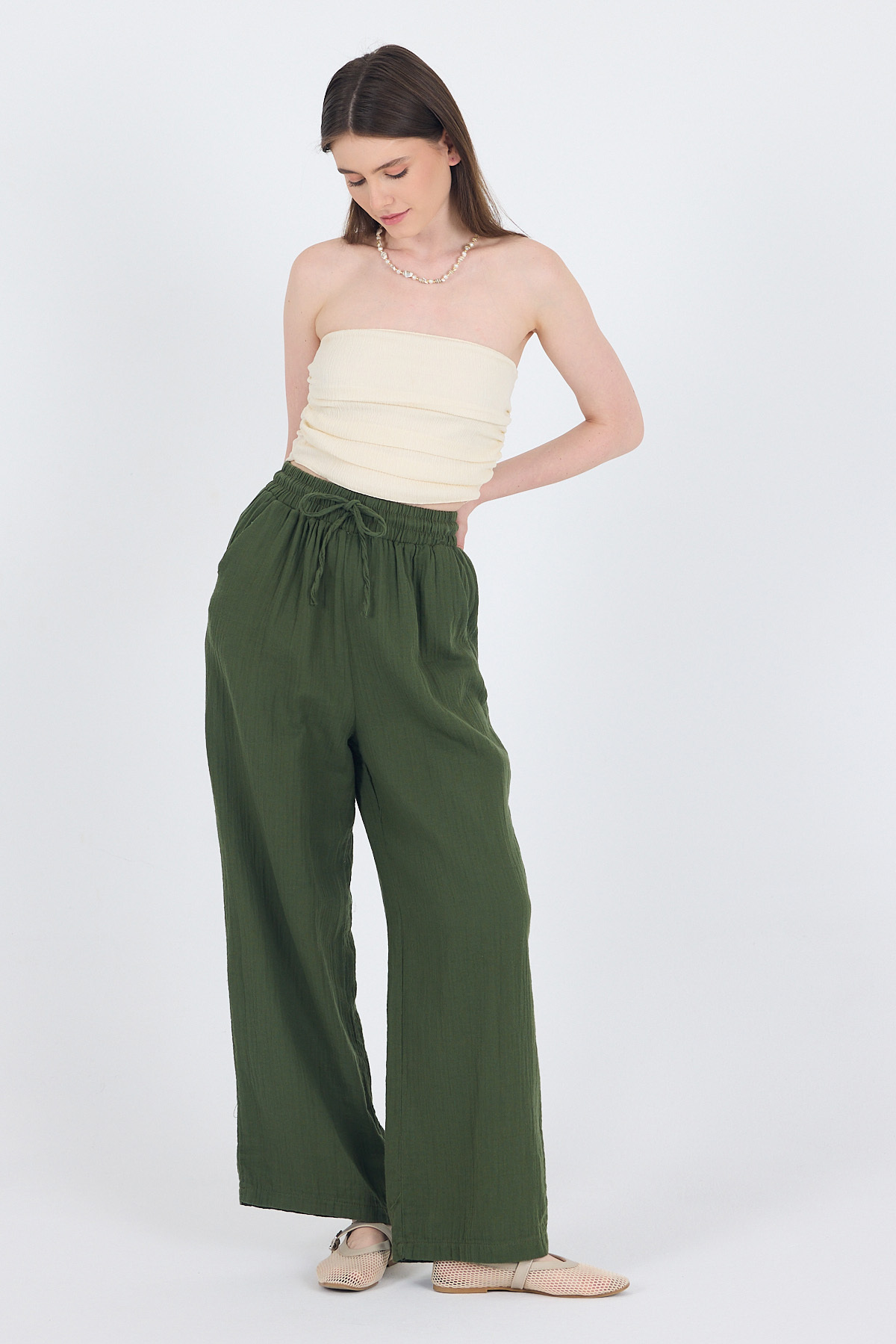 Haki %100 Pamuk Müslin Palazzo/Bol Paça Pantolon 8056A - RAYS