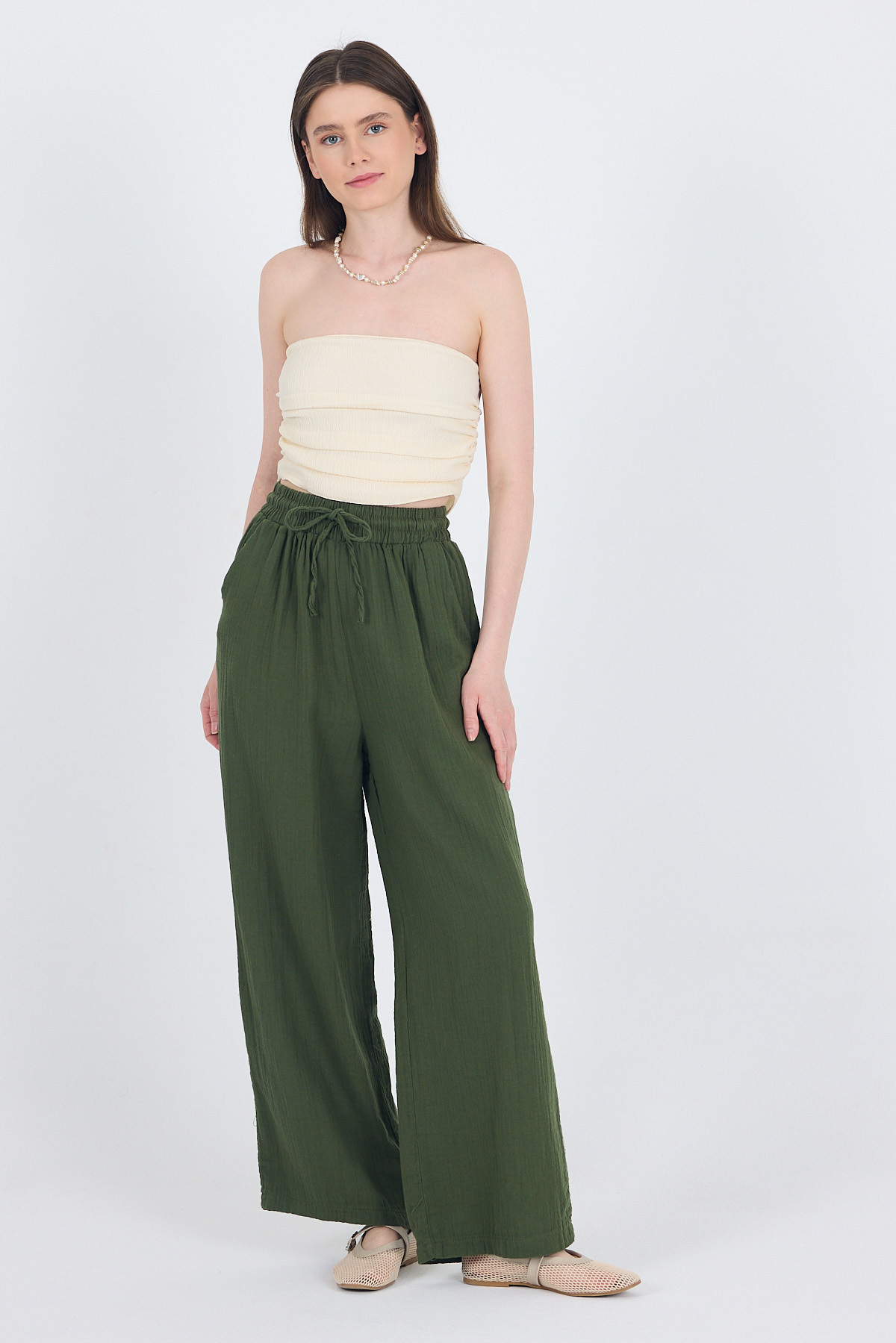 Haki %100 Pamuk Müslin Palazzo/Bol Paça Pantolon 8056A 