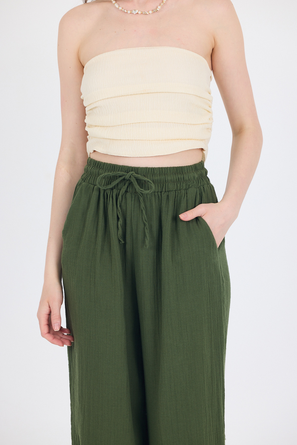 Haki %100 Pamuk Müslin Palazzo/Bol Paça Pantolon 8056A - 4