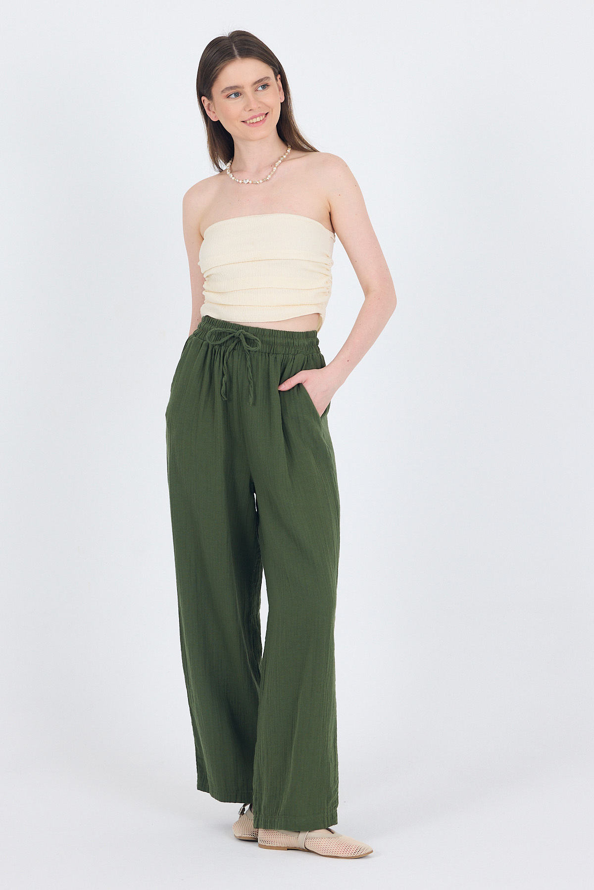 Haki %100 Pamuk Müslin Palazzo/Bol Paça Pantolon 8056A - 6