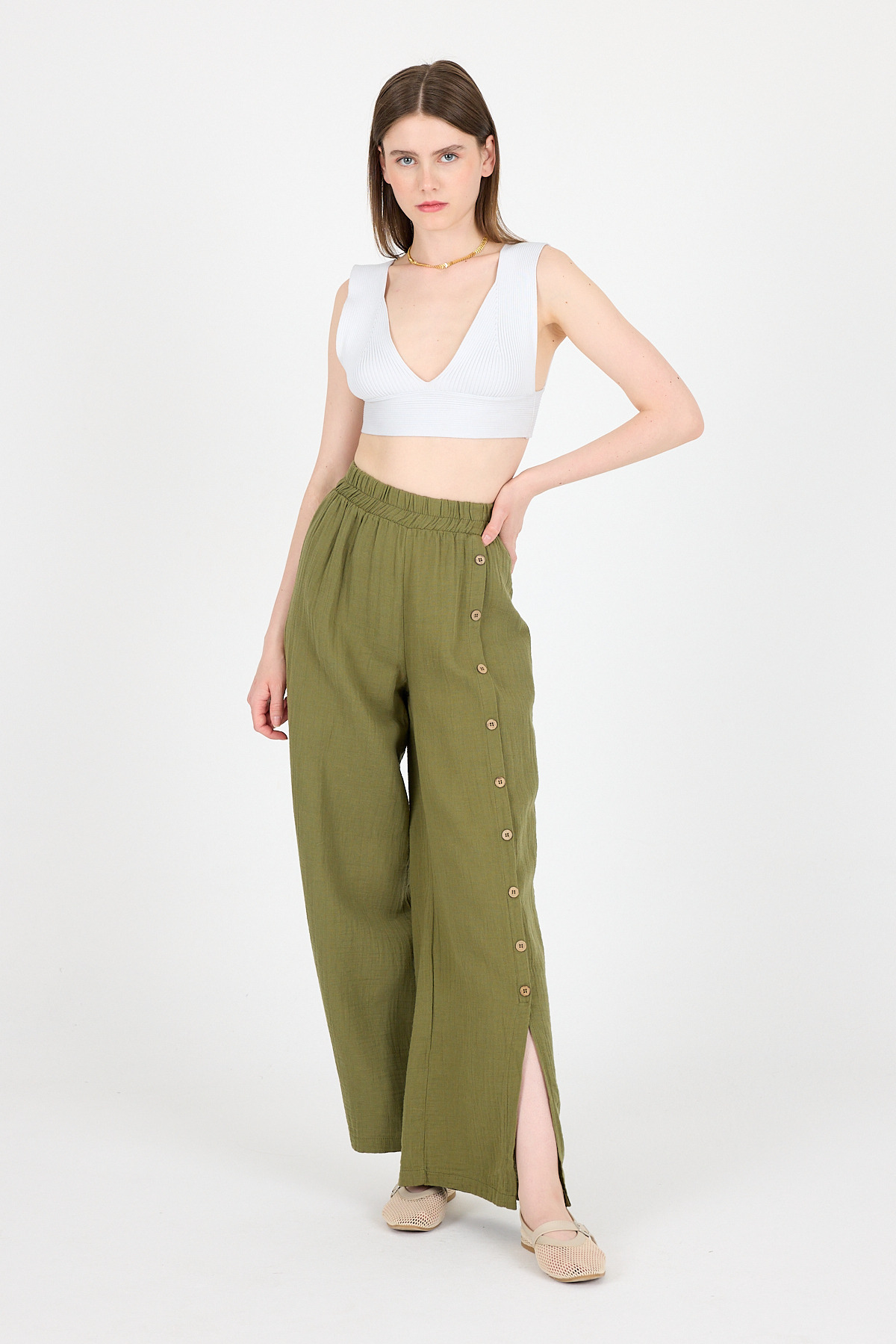 Haki %100 Pamuk Müslin Yanı Düğmeli Yırtmaçlı Geniş Paça Pantolon 4704A - 2