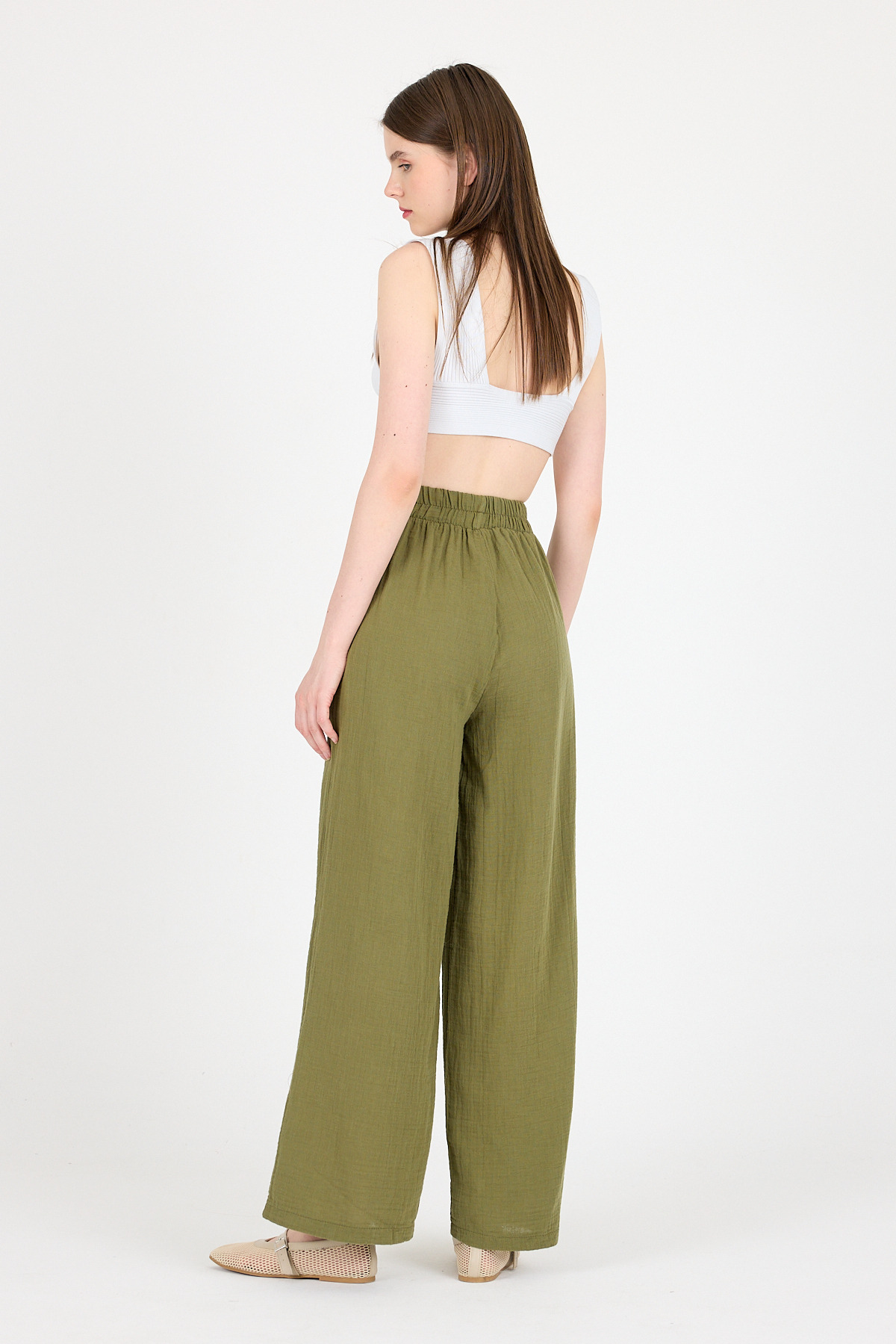 Haki %100 Pamuk Müslin Yanı Düğmeli Yırtmaçlı Geniş Paça Pantolon 4704A - 5