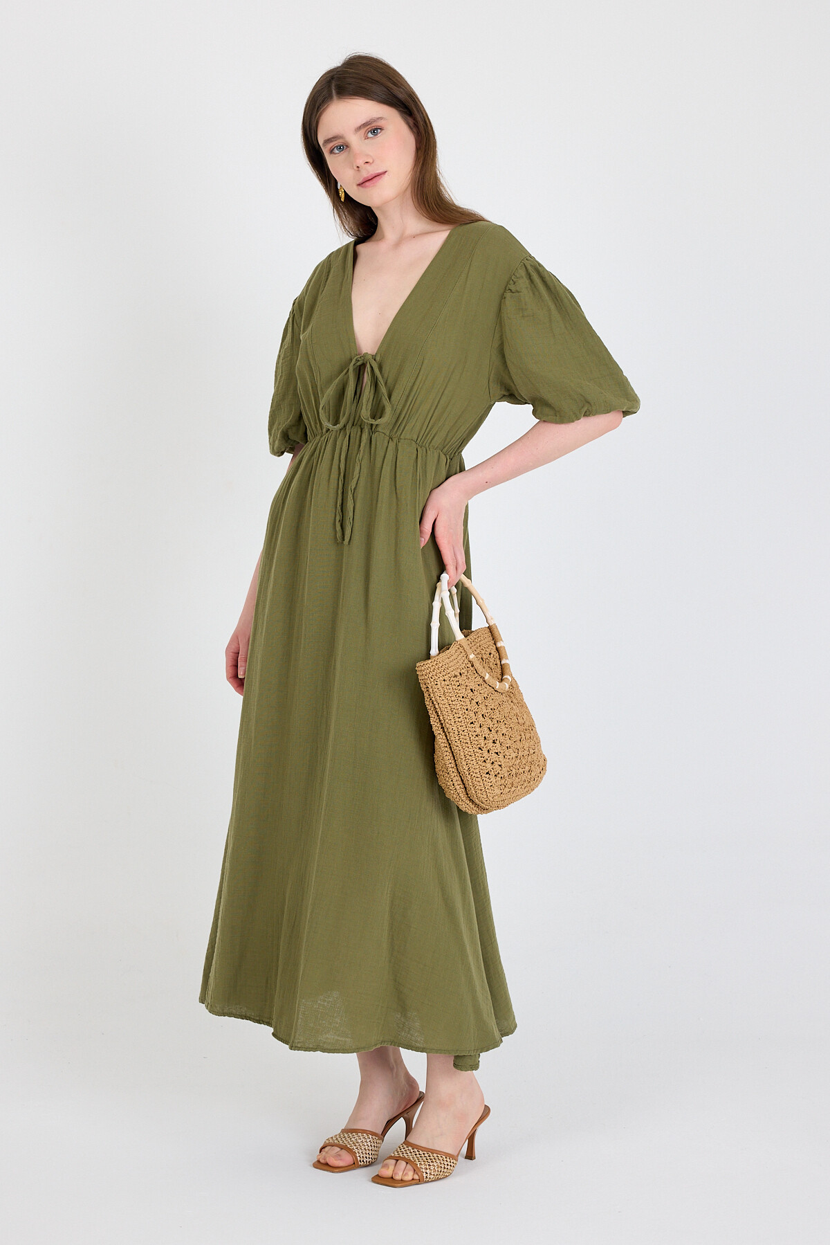 Haki %100 Pamuk Ön Bağlama Detaylı Midi Elbise 4785A - RAYS