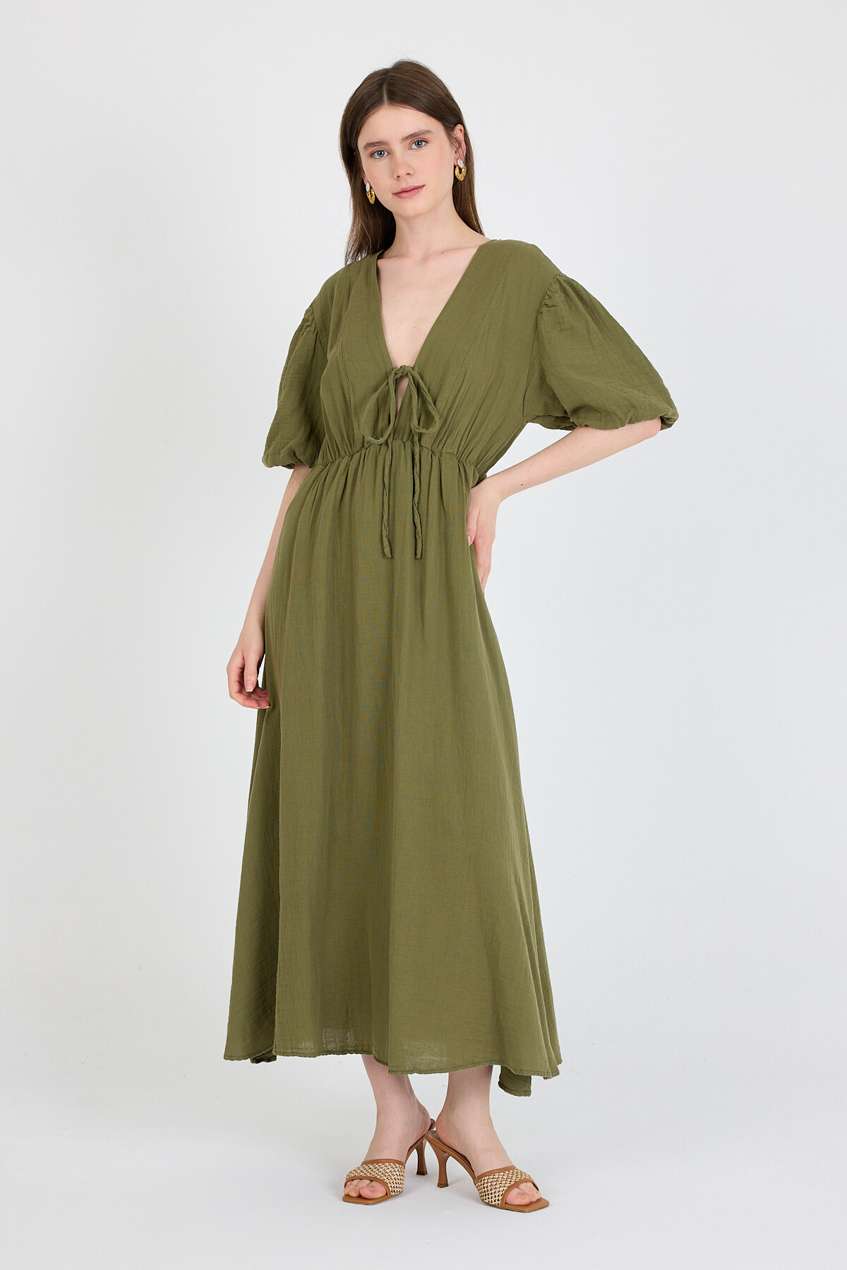 Haki %100 Pamuk Ön Bağlama Detaylı Midi Elbise 4785A - RAYS