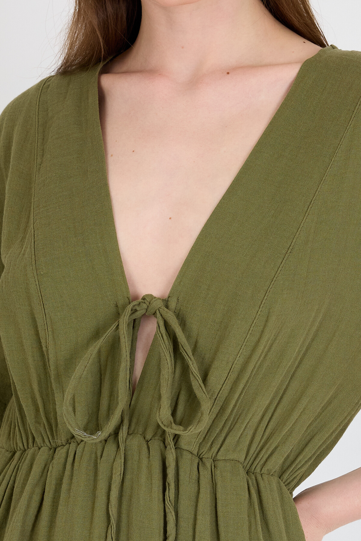 Haki %100 Pamuk Ön Bağlama Detaylı Midi Elbise 4785A - RAYS