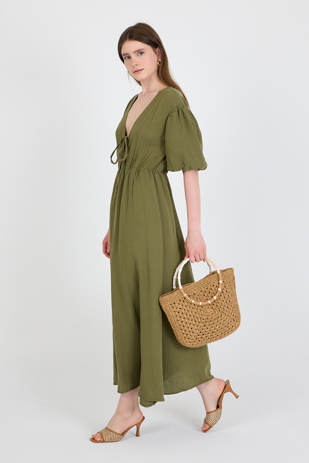 Haki %100 Pamuk Ön Bağlama Detaylı Midi Elbise 4785A - 6