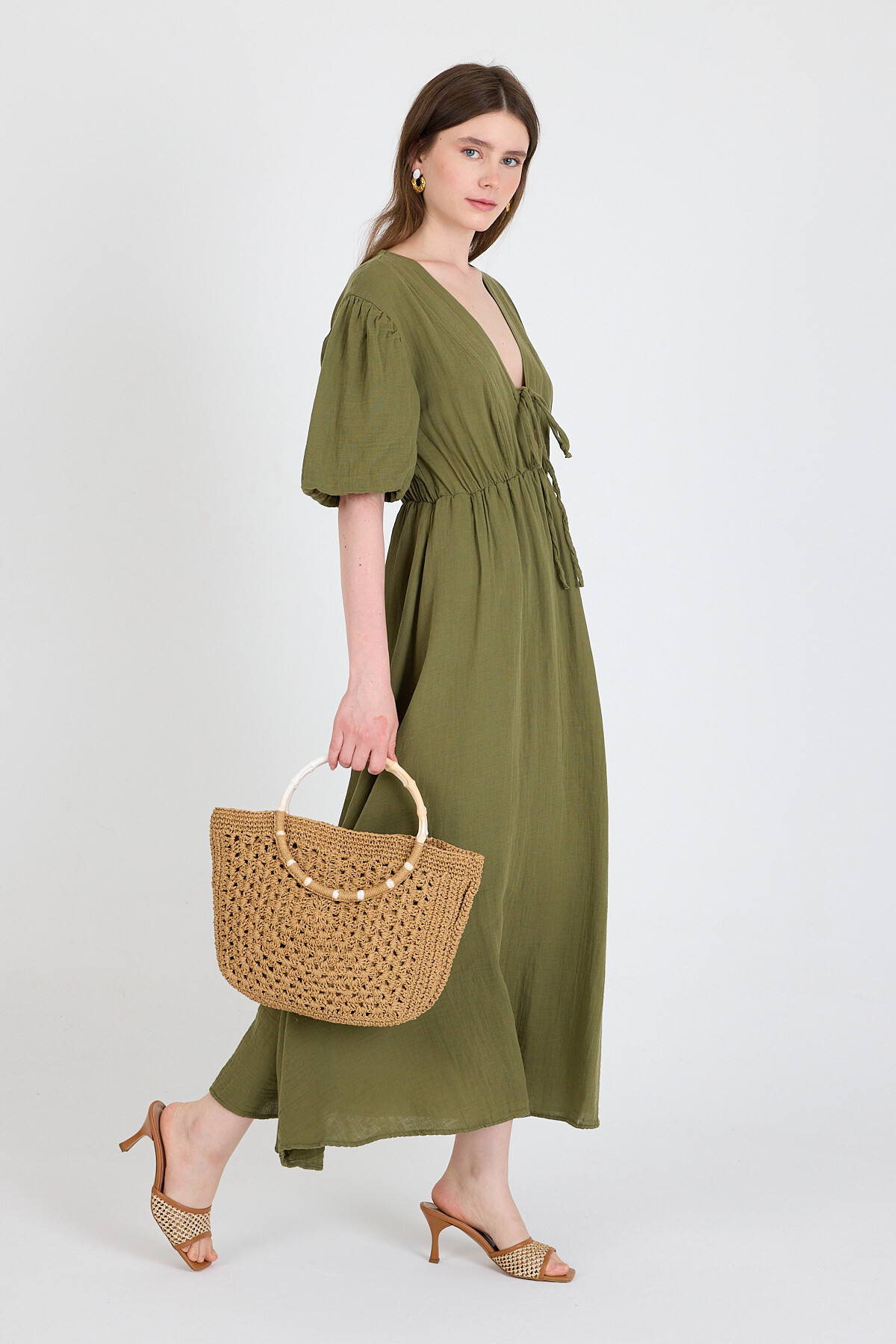 Haki %100 Pamuk Ön Bağlama Detaylı Midi Elbise 4785A 