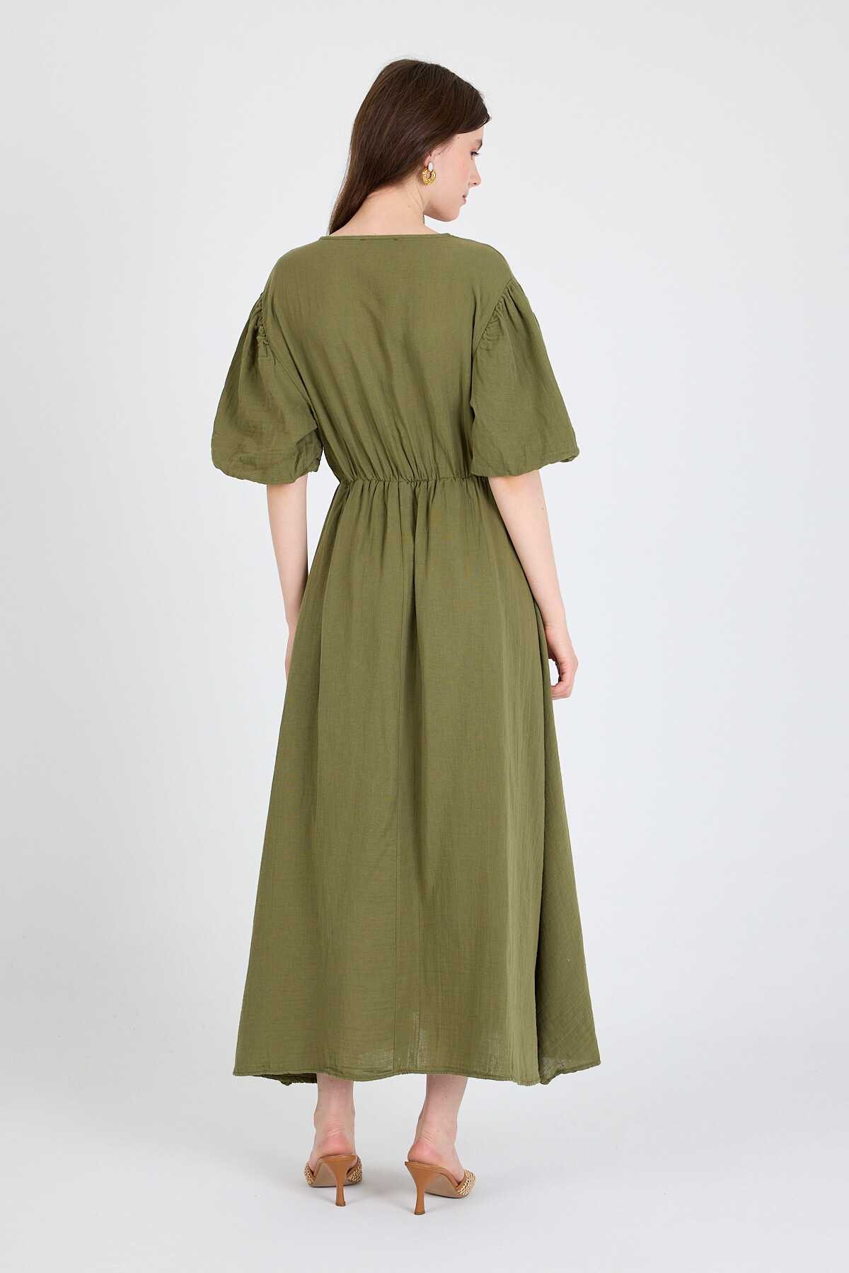 Haki %100 Pamuk Ön Bağlama Detaylı Midi Elbise 4785A - 5