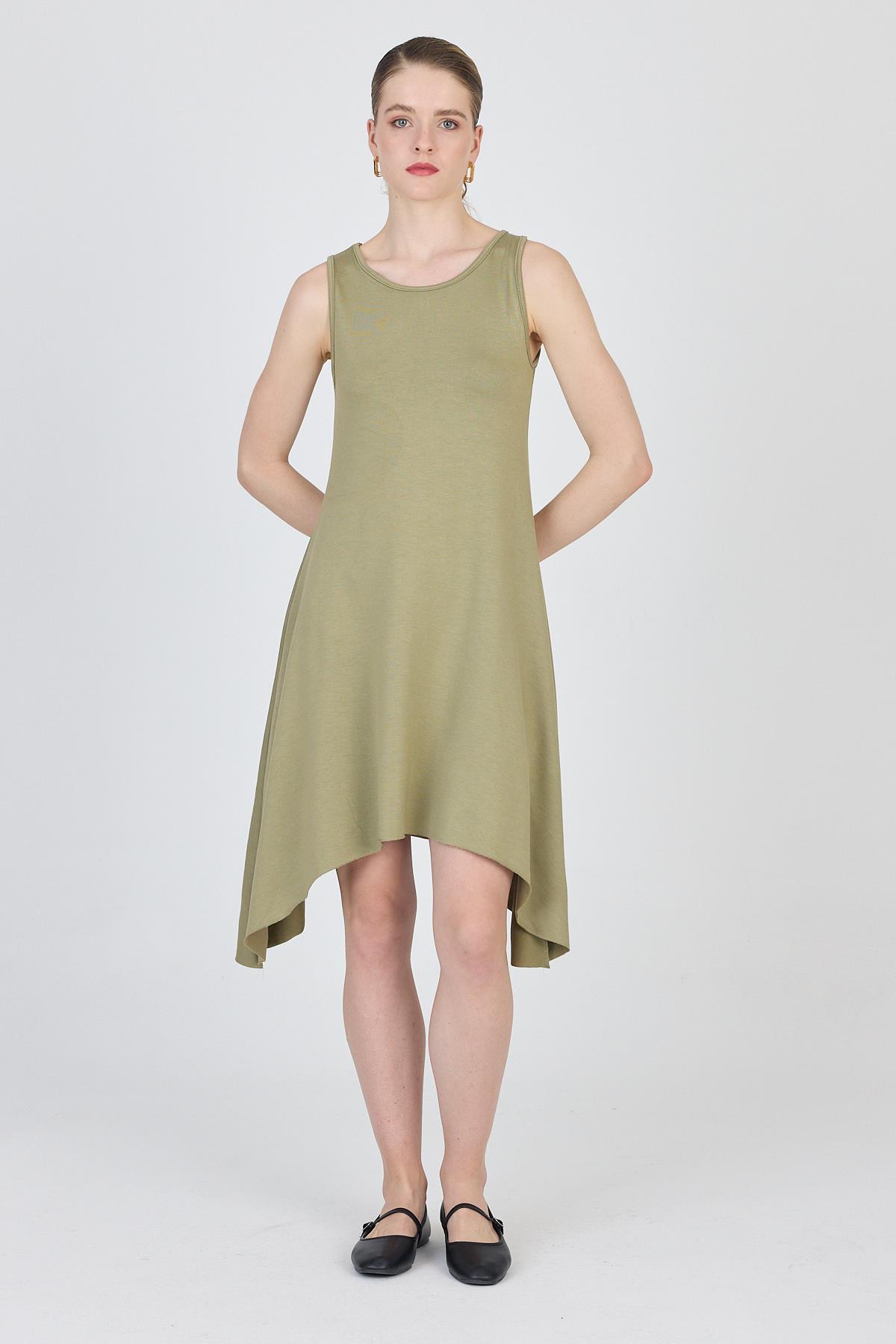 Haki Asimetrik Kesim Kolsuz Elbise 4034 - 1